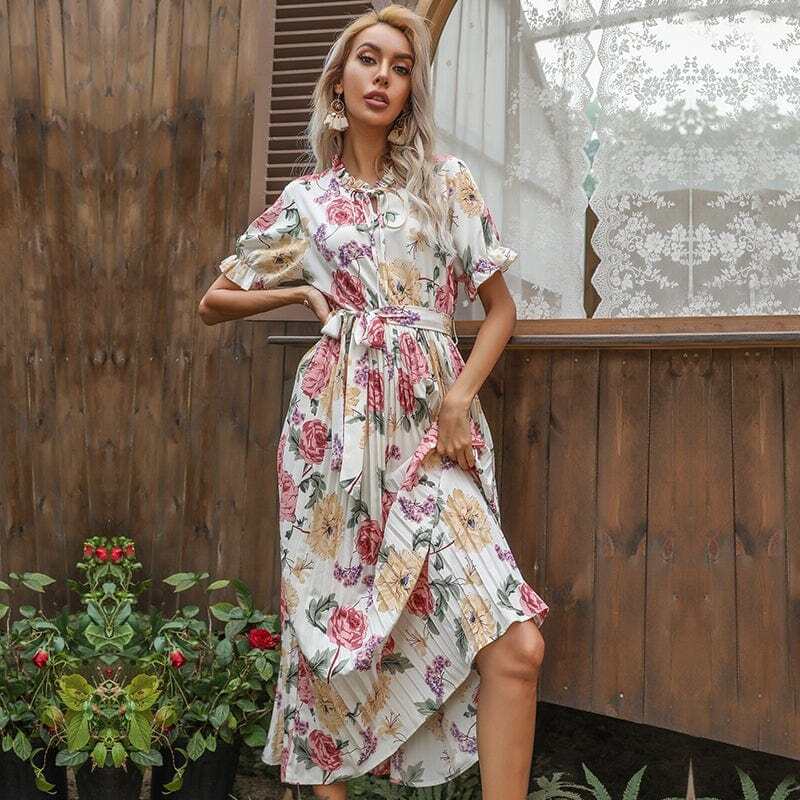 Ruffle Neck Pleated Dress