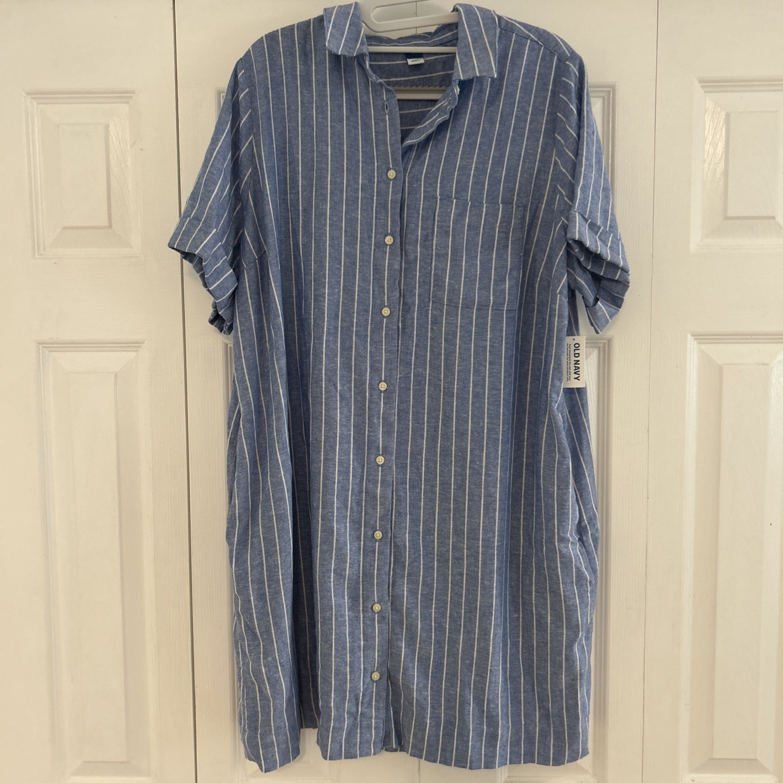 Old Navy Women Dress L Blue Linen Rayon Mini Shirt Striped Short Sleeve Coastal