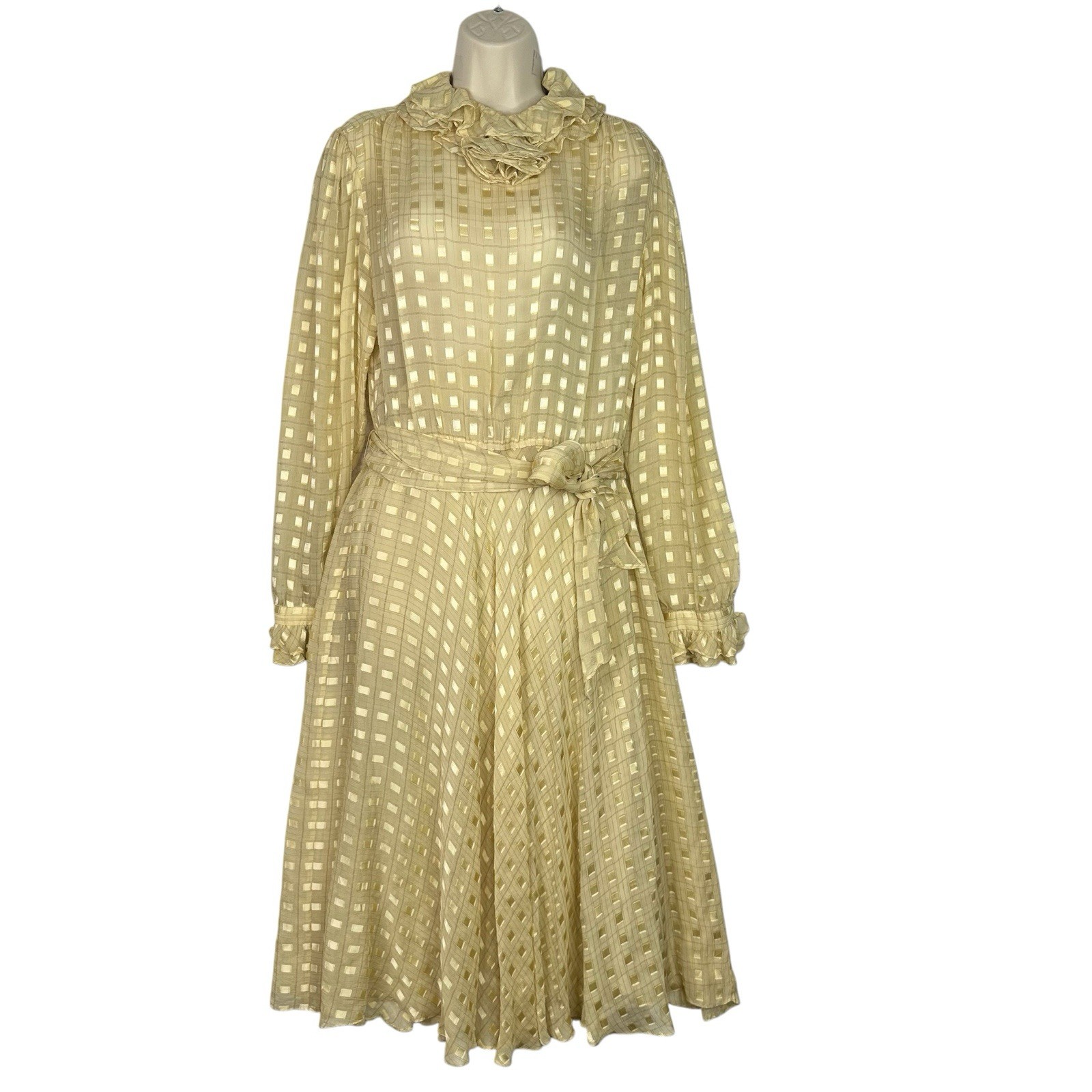 Vintage The Silk Farm ICINOO 100% Silk Sheer Grid Maxi Dress Slip Beige Size 12