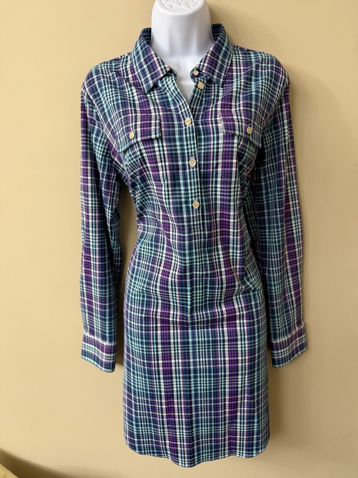 Peter Millar Women’s Shirt Dress Size Large 1/4 Button Purple Plaid Long Sleeve