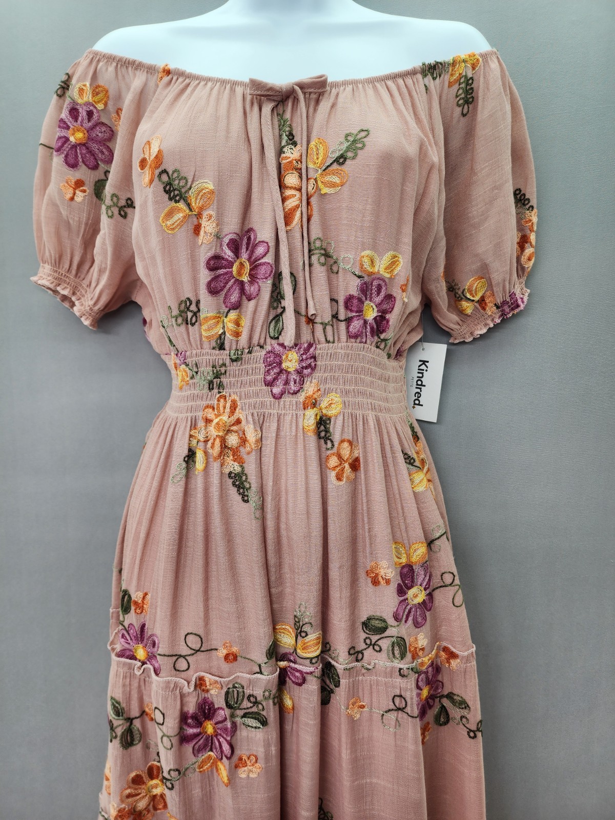 Anthropologie Kindred PL Blush Pink Lined Embroidered Smocked Cottagecore Dress