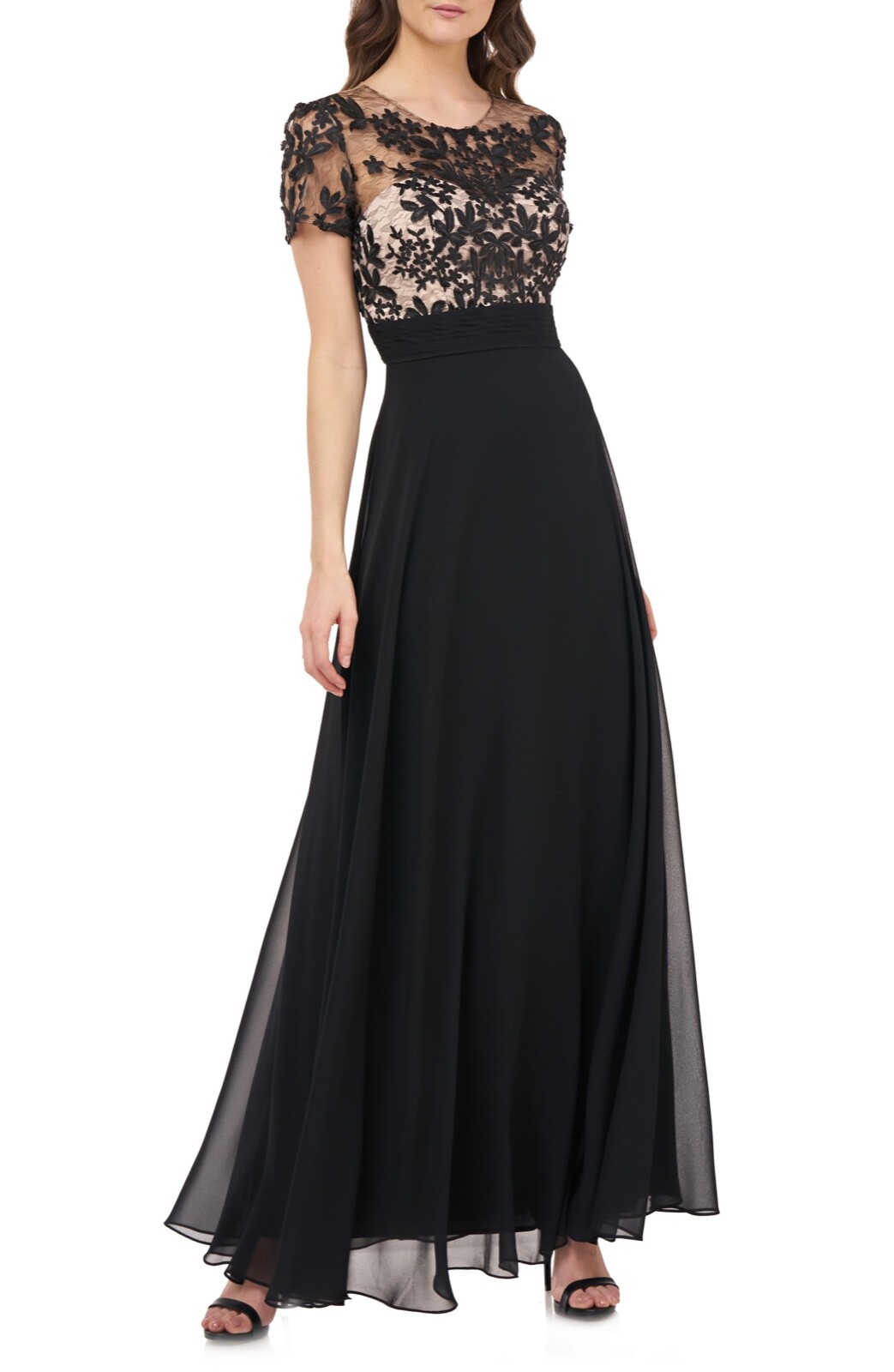 NWT $298 JS Collections Embroidered Illusion Bodice Gown in Black [SZ 8 ] #F809