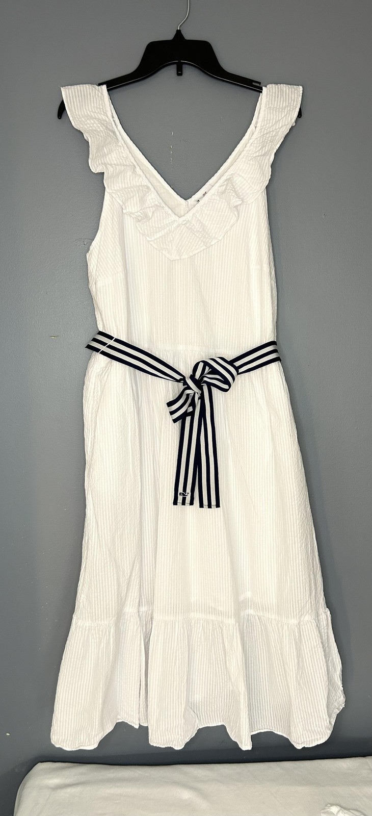 Vineyard Vines Target Dress Women 1X White Seersucker Ruffle Belted Midi Cottage