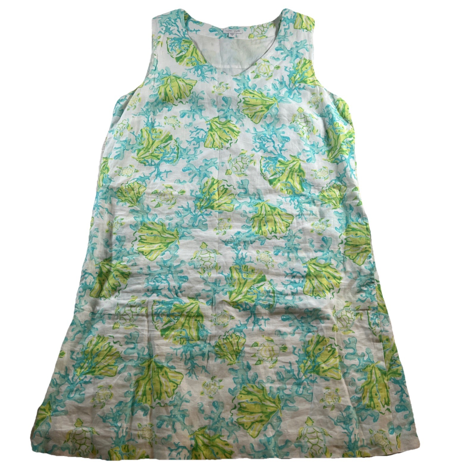 J. Jill Love Linen Tank Dress Womens Blue White Turtles Beachy Coastal Resort M