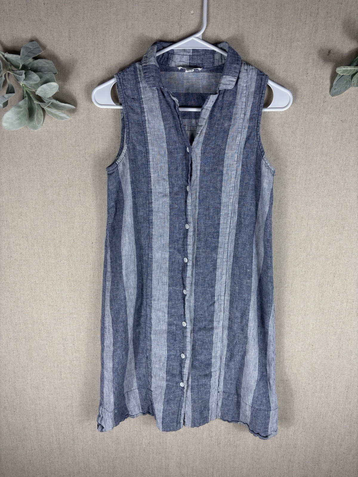 Beach Lunch Lounge Sleeveless Button-Front Striped Linen Dress Blue Extra Small