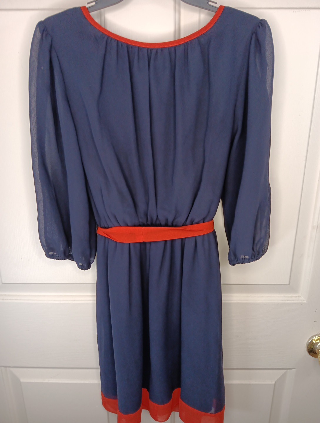 Sweet Storm Dress Small Navy Orange 3/4 Split Sleeves Elastic Waist Tie Belt EUC