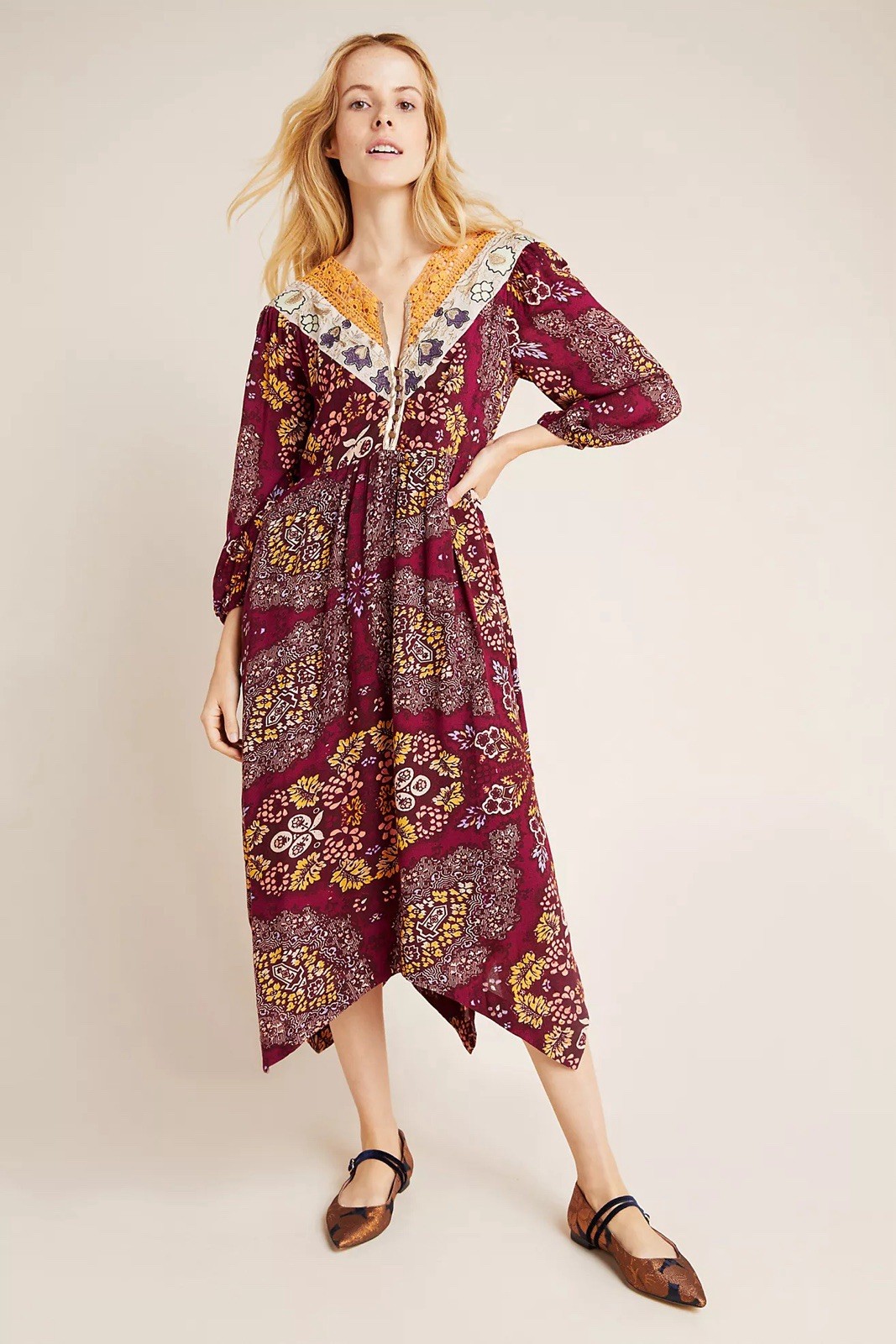 Anthropologie Maeve Embroidered Silky Midi Dress L NWT Ethnic Peasant Pockets