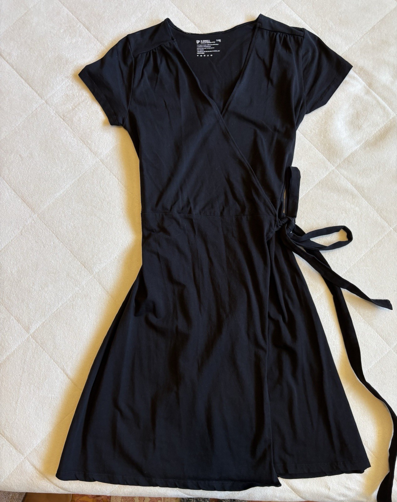 PACT Organic Cotton Black Wrap V Neck Dress Sz XS Short Slv (read description)