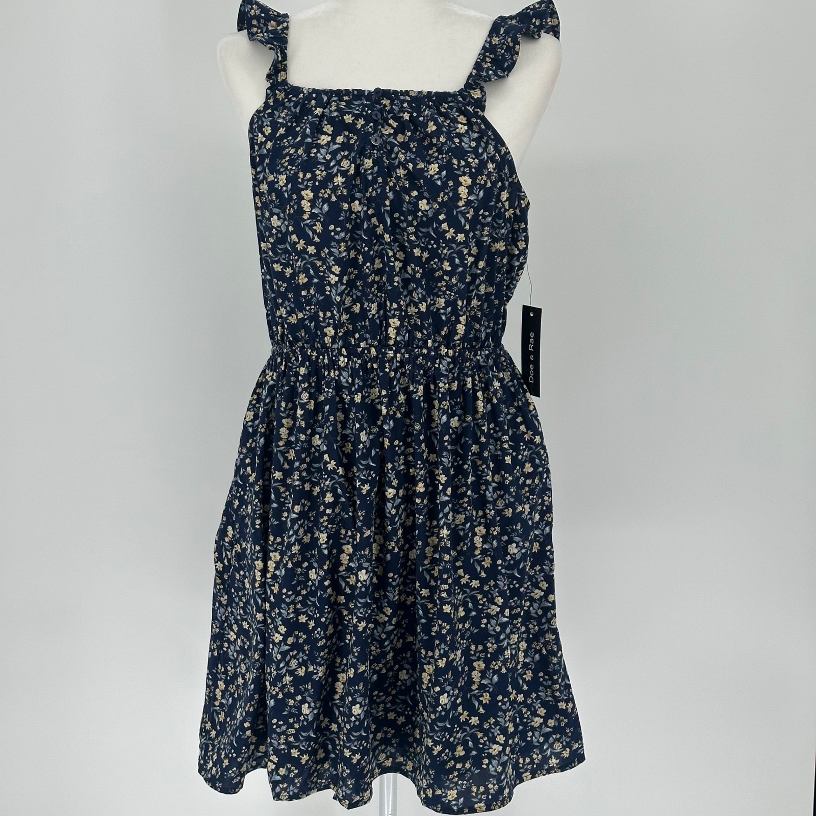 Doe & Rae Navy Floral Print Square Neck Ruffle Strap Dress Women’s Size L NWT