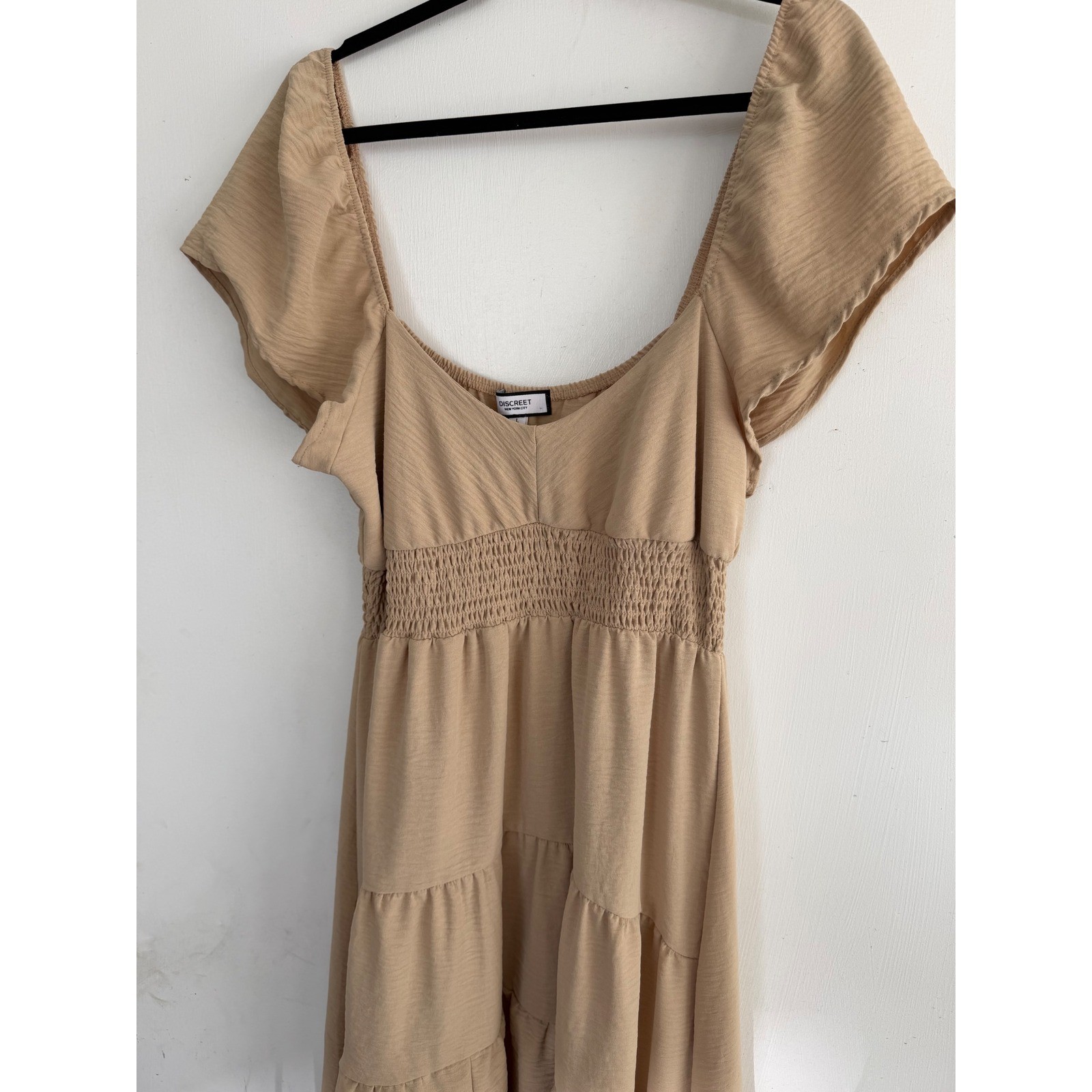 Discreet New York City Tan Smocked Waist High Low Tiered Dress Large
