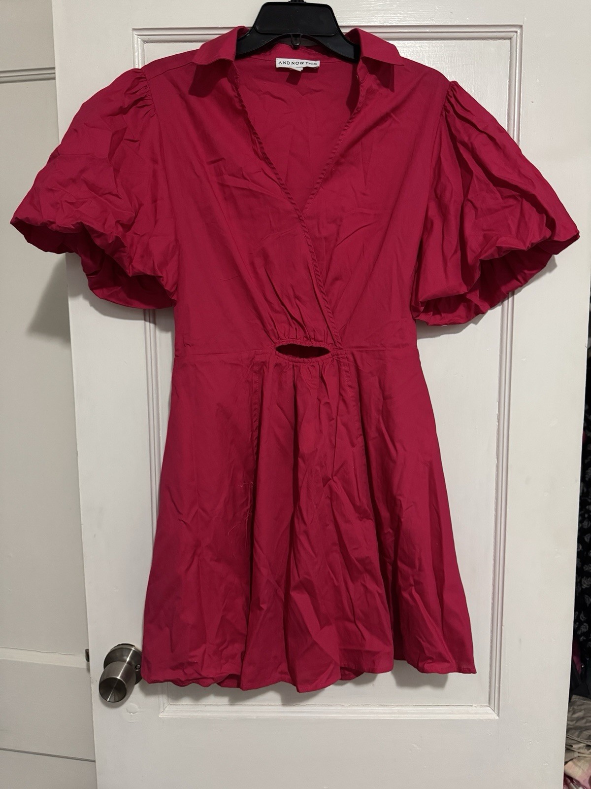 AND NOW THIS Pink Solid A-Line Short Dress Collared Puff Sleeve Cut-Out Ruched L