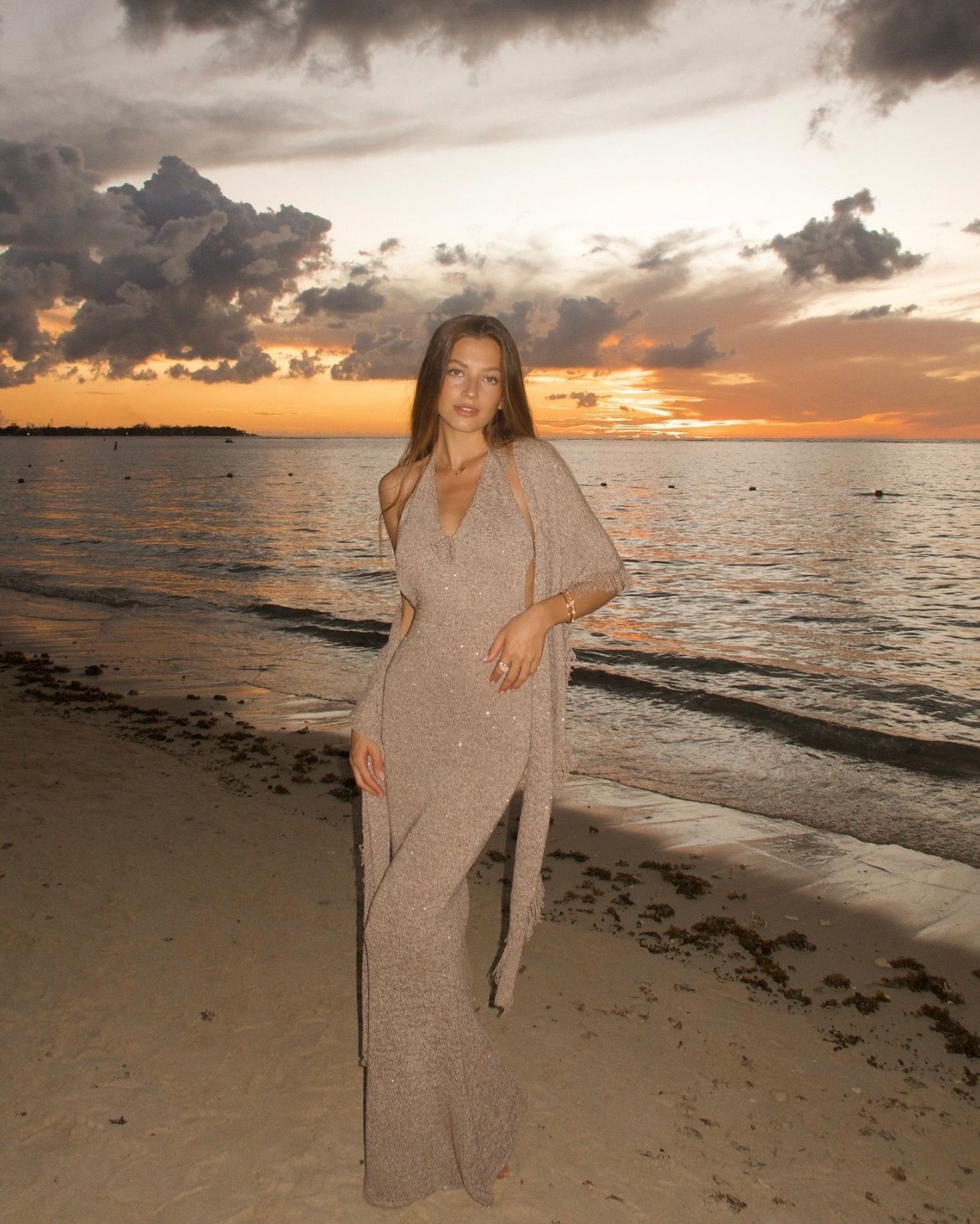 ASTA RESORT Daphne Dress in Hazlenut Sequin Large New Womens Maxi Knit Gown