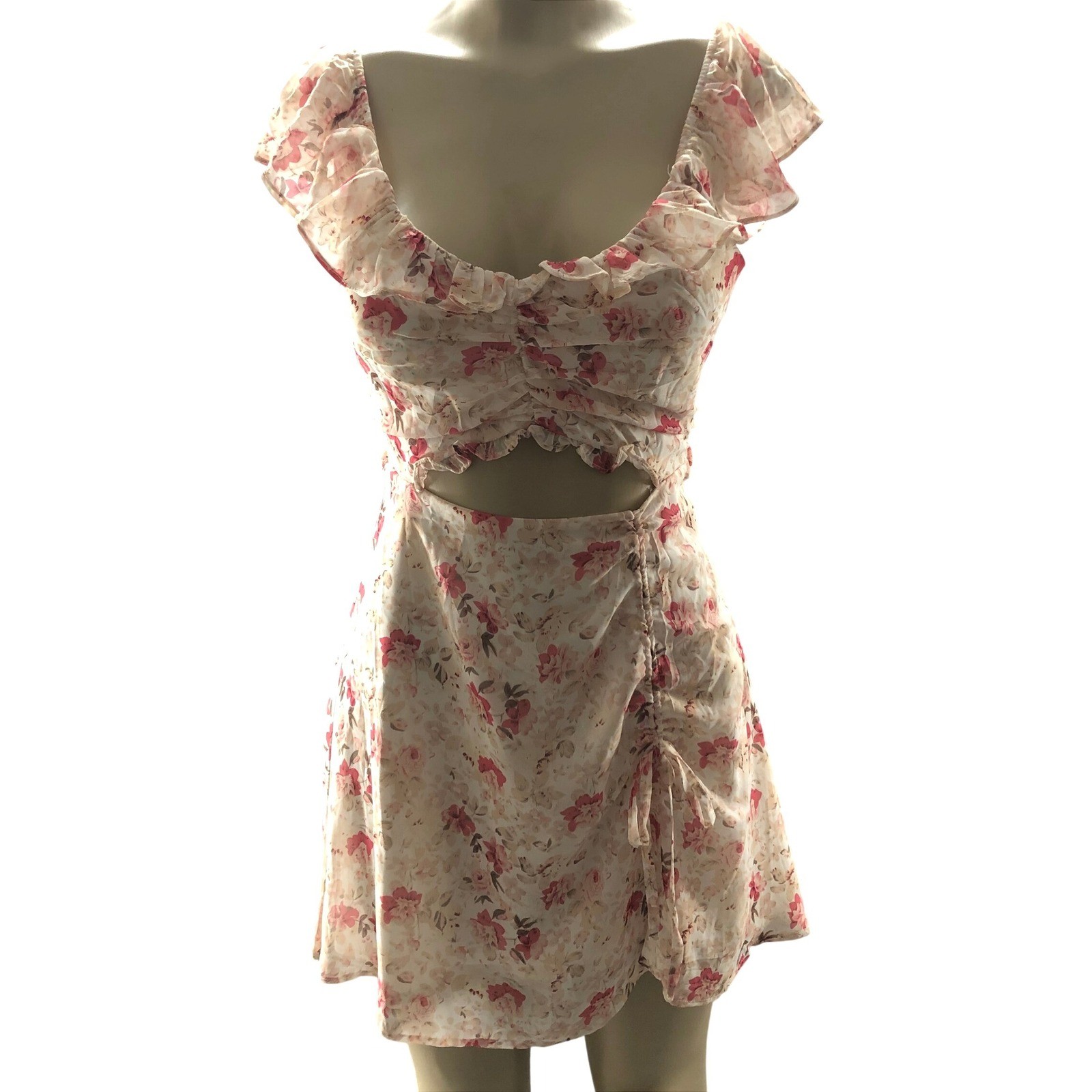Mika & Gala Floral Cutout Mini Dress Womens 8 Pink Cream Ruffle Ruched Coquette
