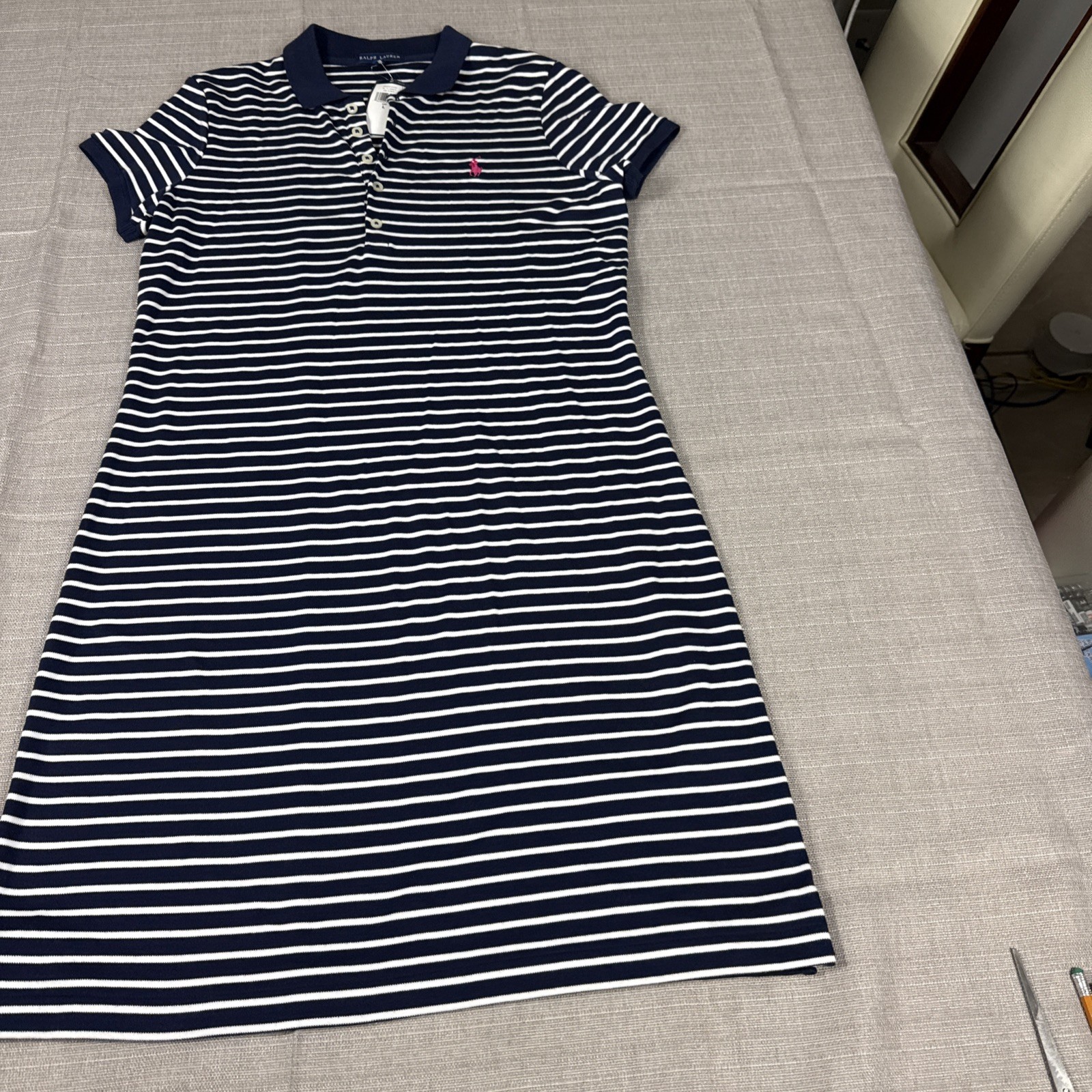 Vintage Ralph Lauren Navy White Stripe Polo Dress Pink Pony Cotton Womens L