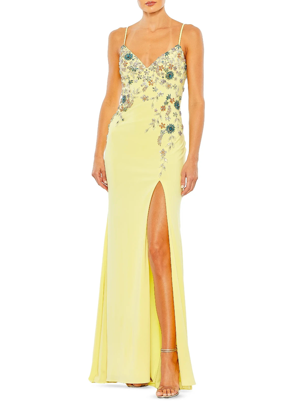 NWT, Mac Duggal Floral Beaded Column Gown in Buttercup Size 6 #LD110