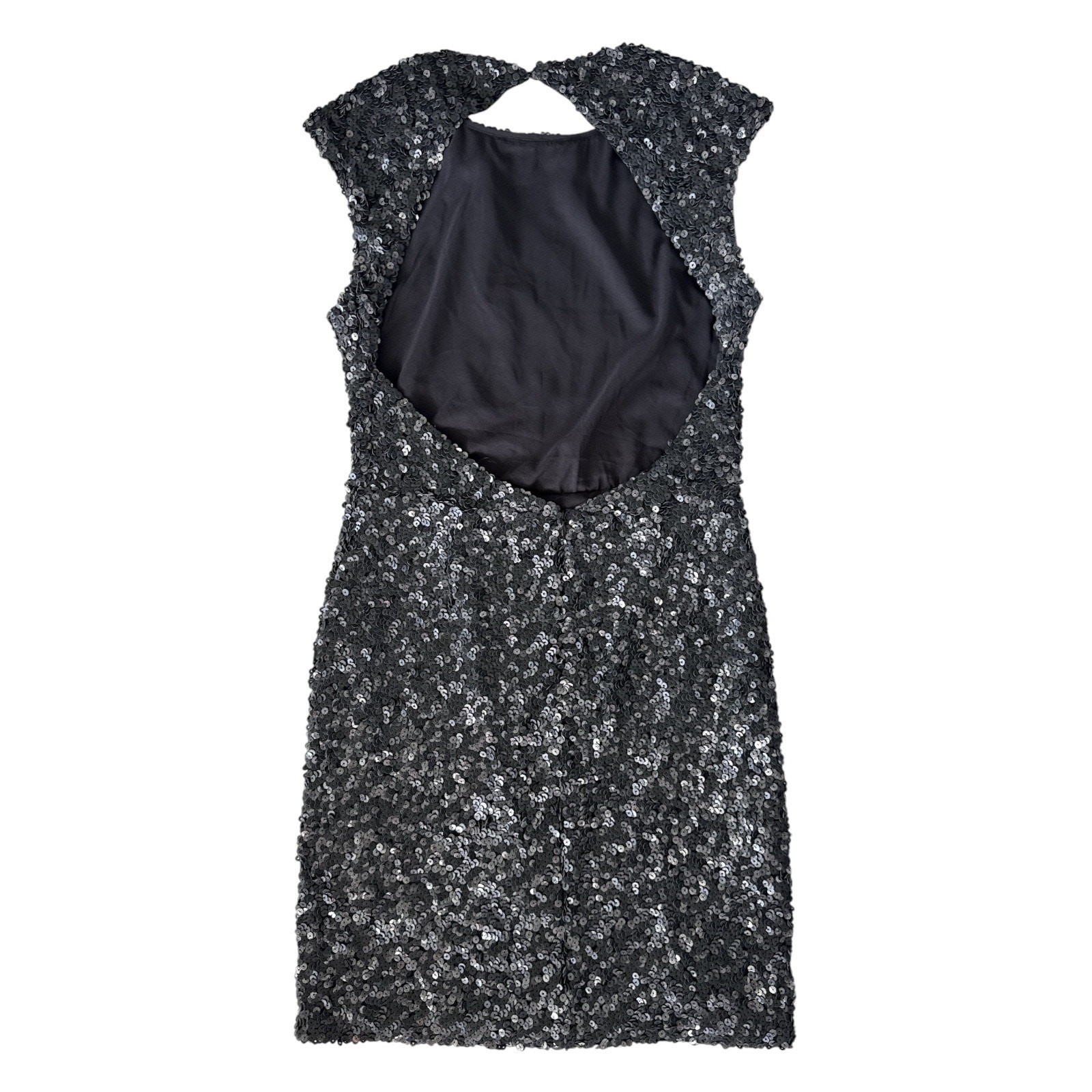 Rachel Zoe Sequin Open Back Sheath Mini Dress 10 Black Cap Sleeve
