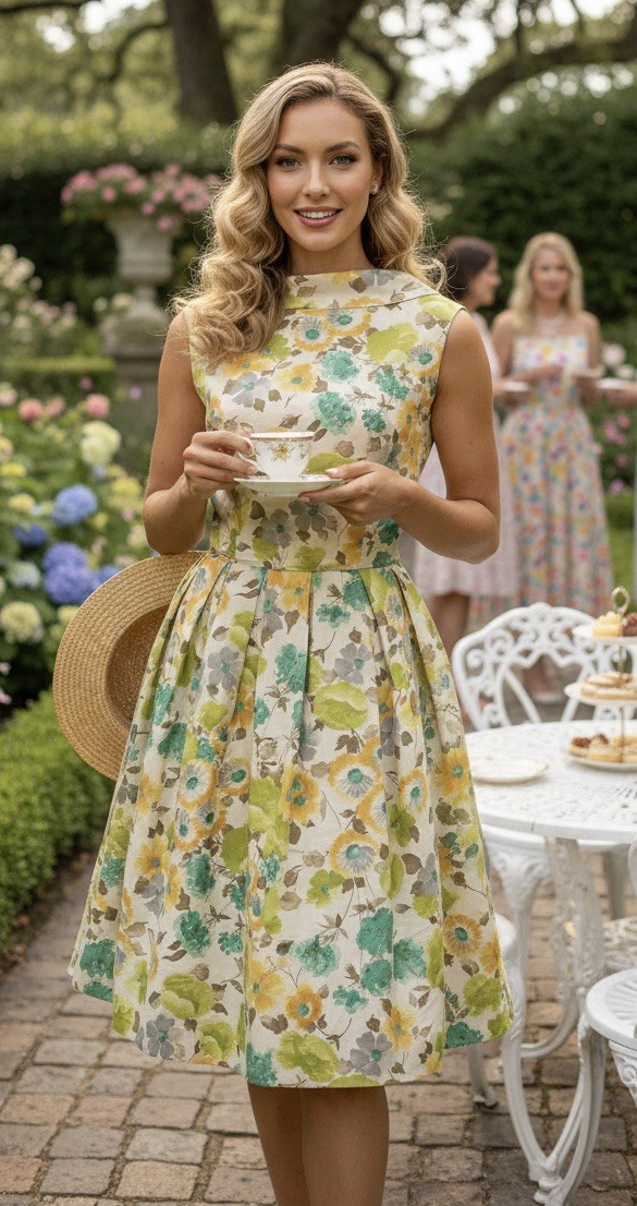 Vintage 50s 60s Floral Fit & Flare Dress Julie Miller Garden Party Trad Wife