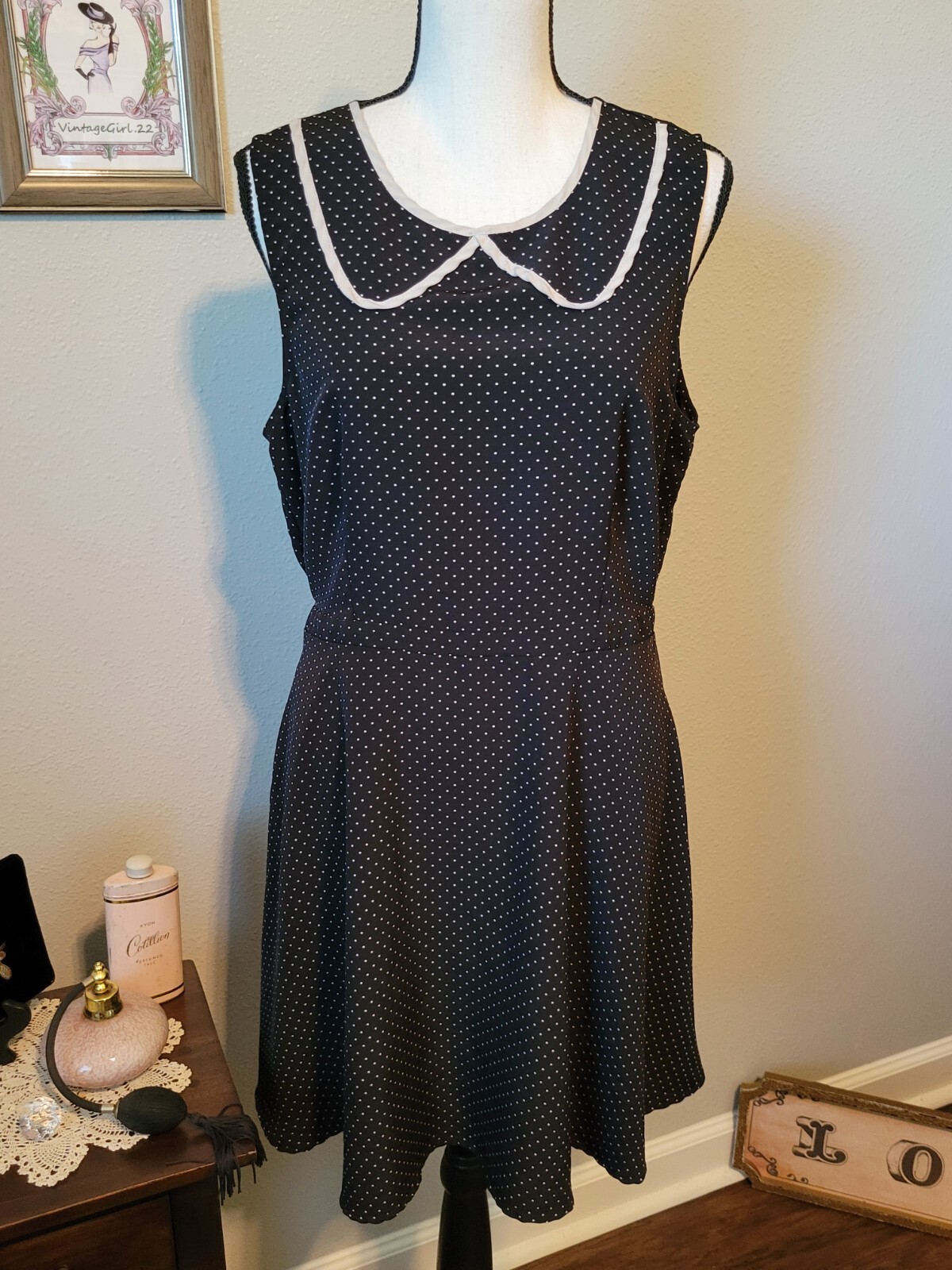 Petticoat Alley Dress, 50s Style Black w/ White Polka Dot, Flare, Size S/M
