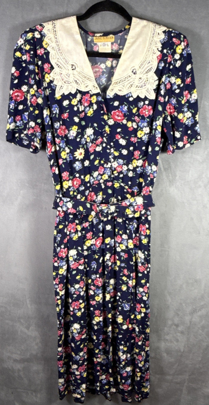 VTG 80s Jane Singer Blue Floral Belted Dress Lace Collar Puff Sleeves 12