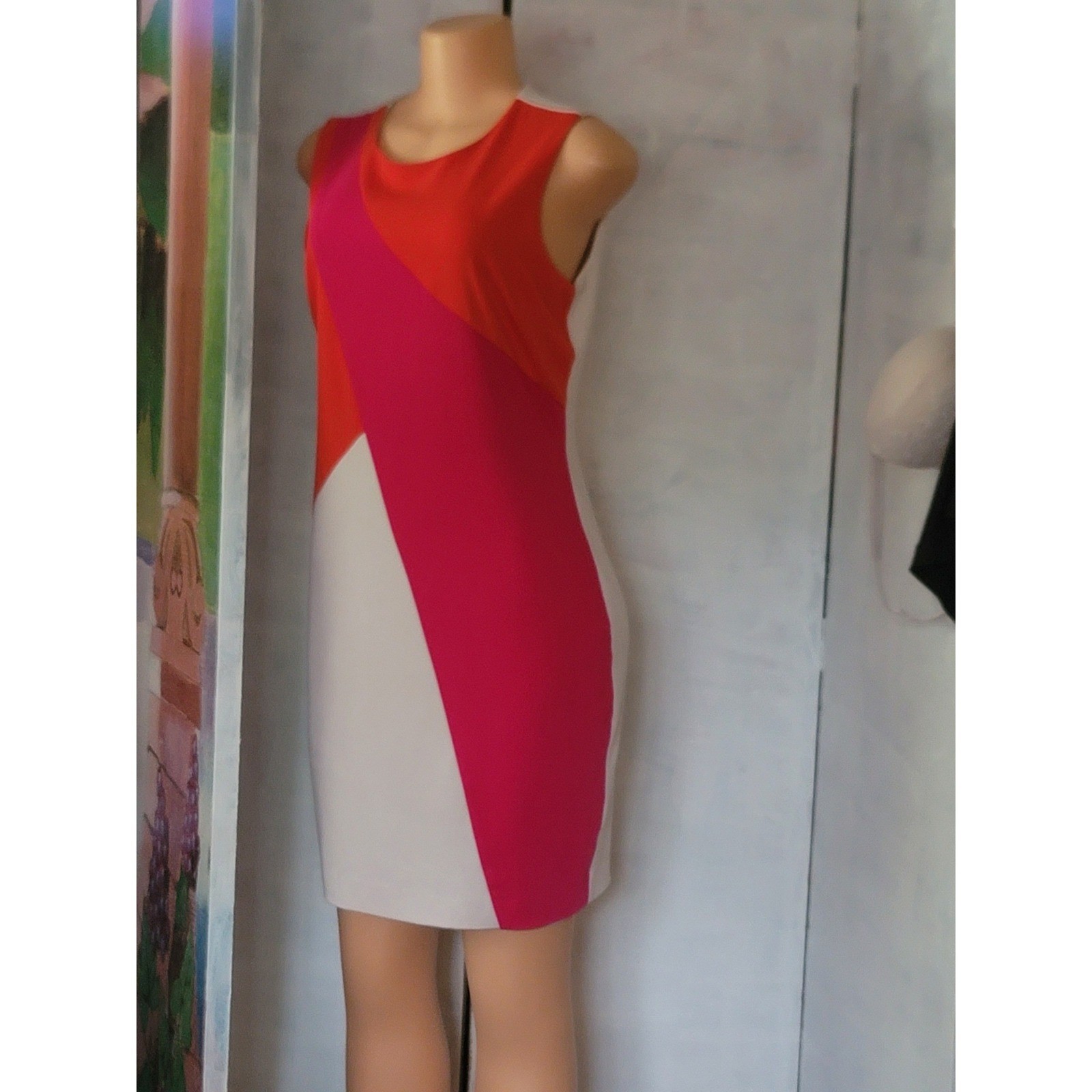 Neiman Marcus Womens Colorblock Sheath Dress Orange Pink White Size 6 D3075