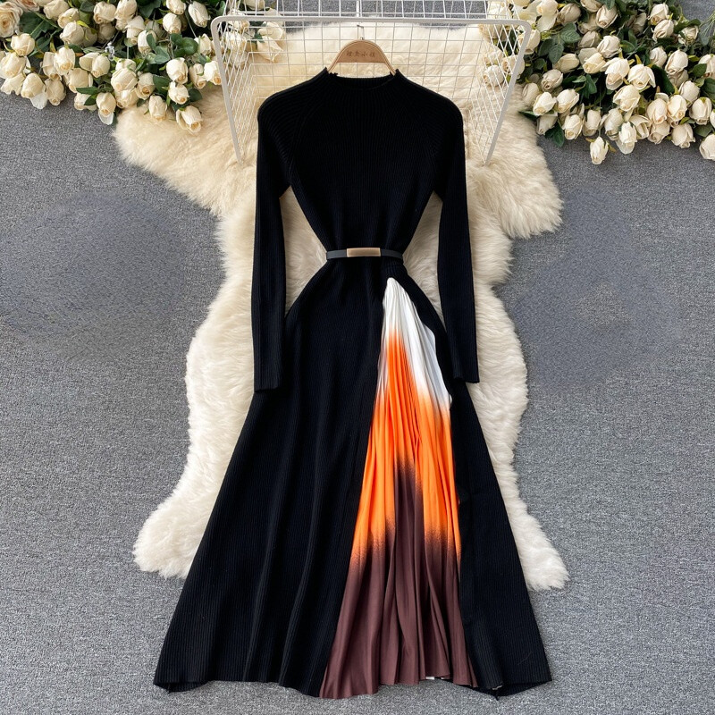 Lady Slim Knitted Midi Dress Pleated Black Long Sleeve Swing Gradient Casual