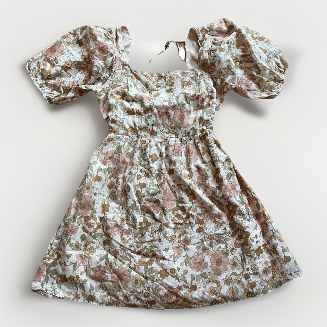 Vici Medium Brown Floral Puff Sleeve Mini Dress Tie Back Cut Out Elastic Waist