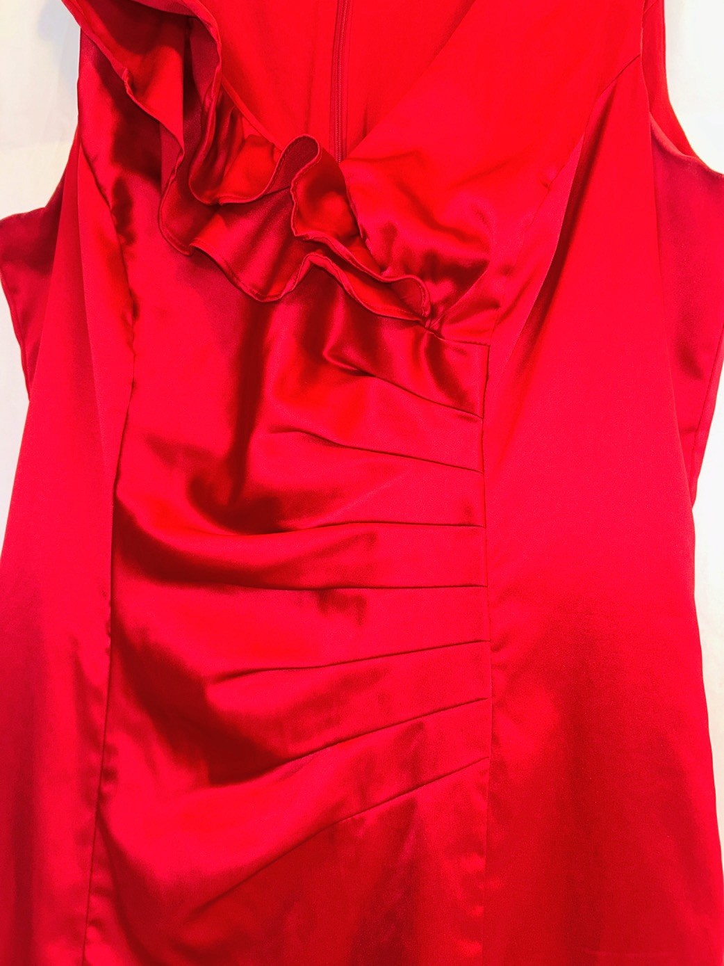 Allen B. Red Satin Sleeveless Ruched Mini Dress Ruffle Shoulder Event Size 14
