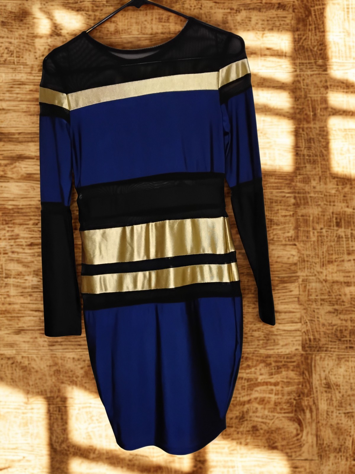 Blue and Black Striped Long Sleeve Dress with Gold Accents