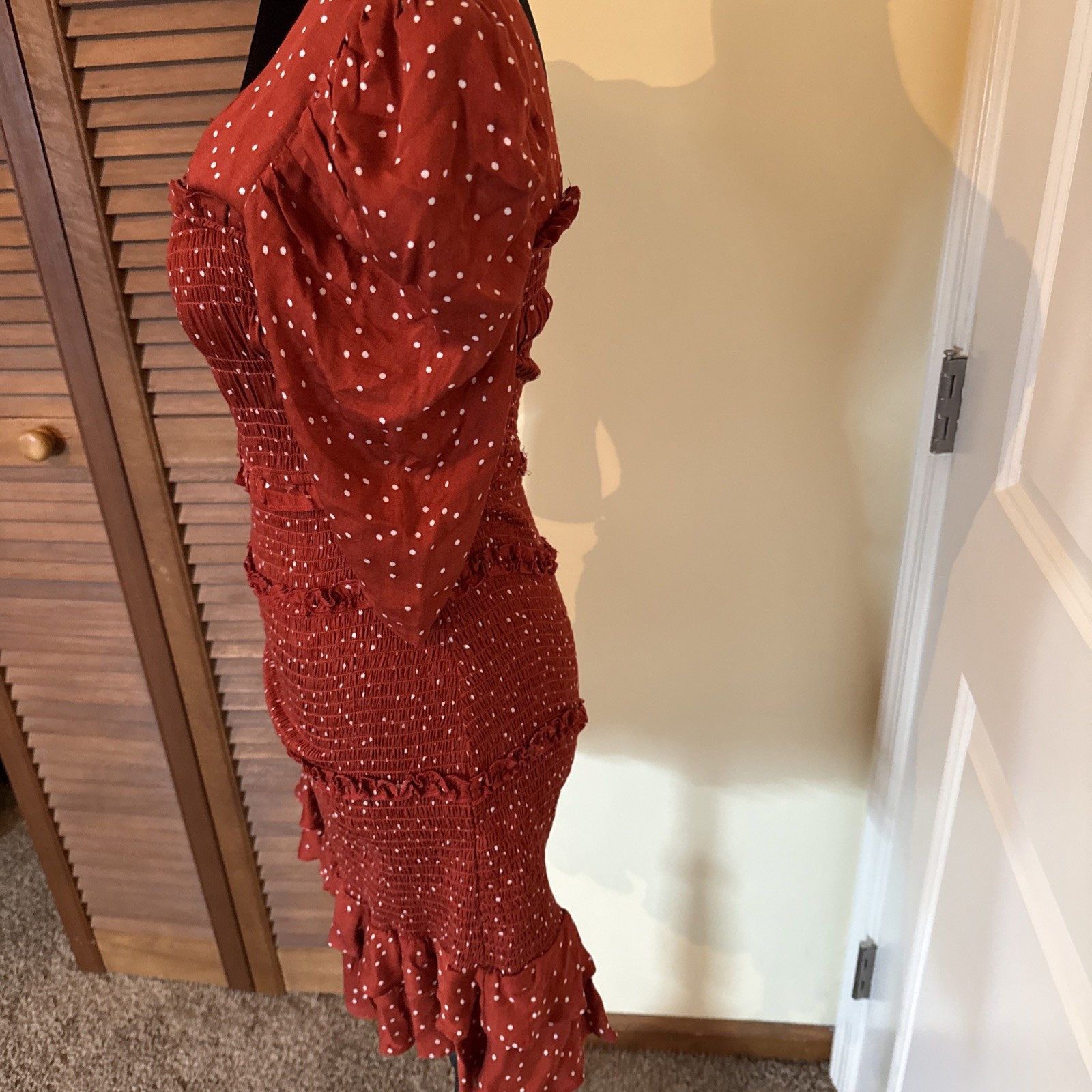 Olivaceous Smocked Puff Sleeve Mini Dress Burnt Orange Polka Dot Size Medium