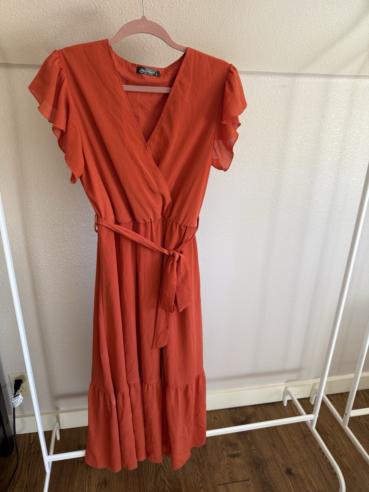 Women’s Orange Wrap Midi Dress with Tie Waist Chiffon Size Medium