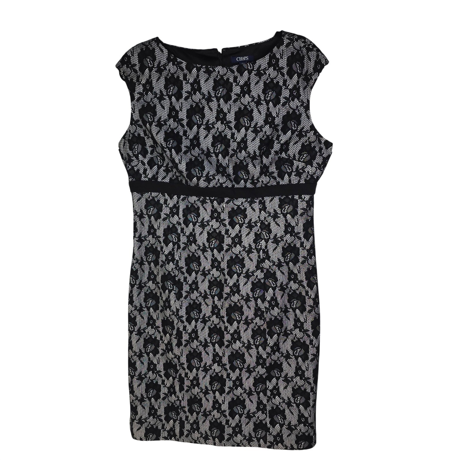 Chaps Sheath Dress Size 14 Womens Black White Floral Lace Empire Waist Party