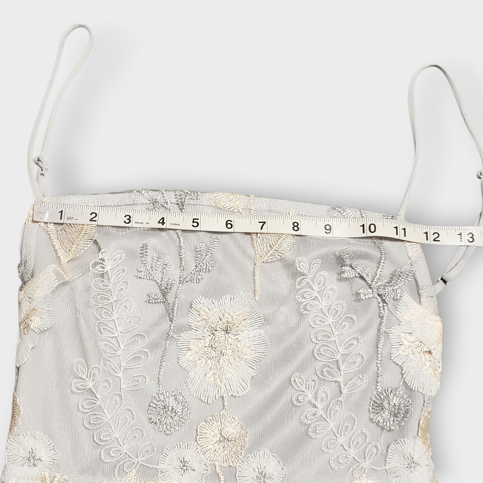 Lucy in the Sky Floral Embroidered Mesh Mini Dress Silver Grey Strappy Back S