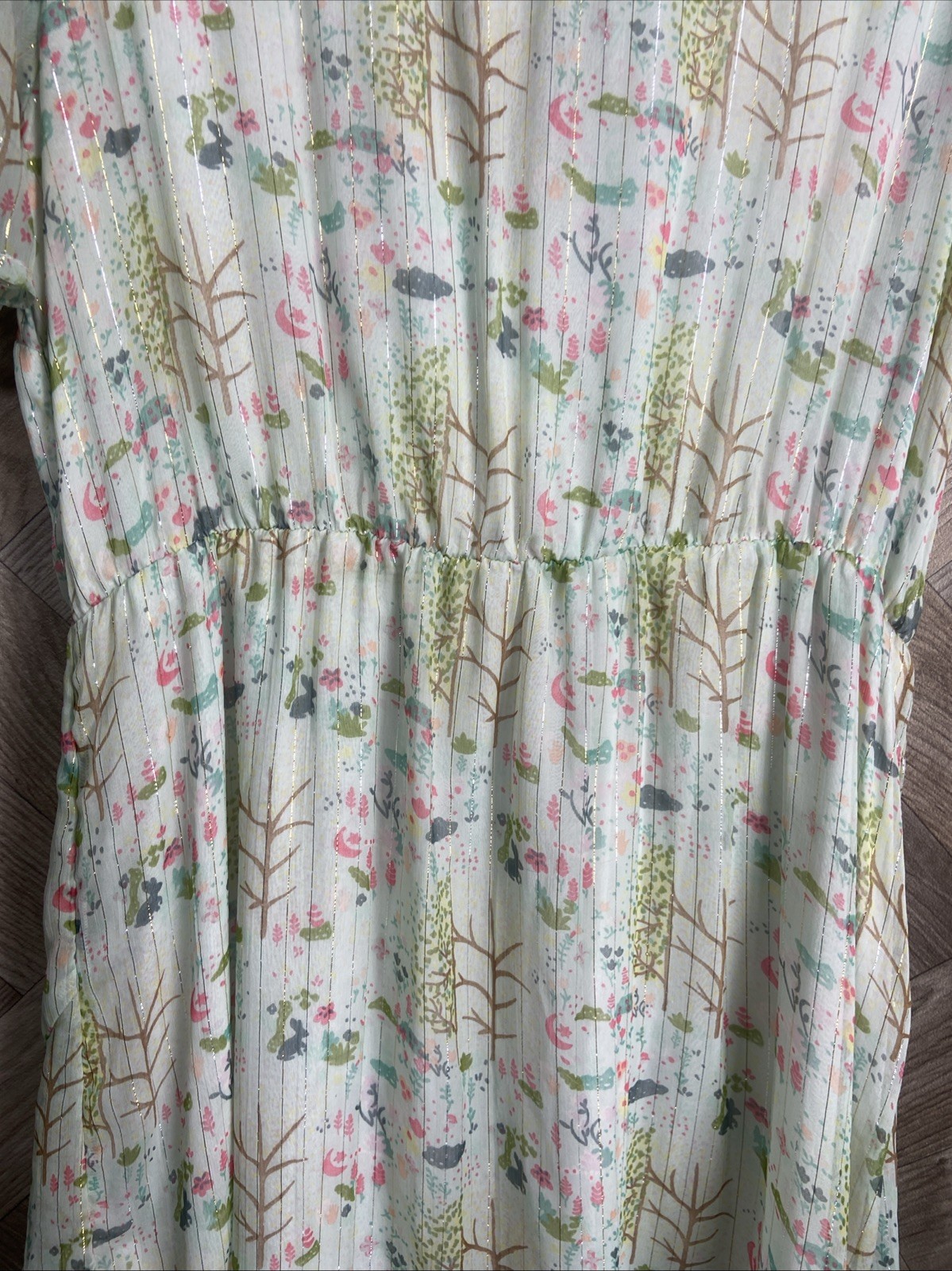 Oliver Bonas Sheer Floaty Leaf Print Midi Dress Ruffle Metallic Detail Size 16