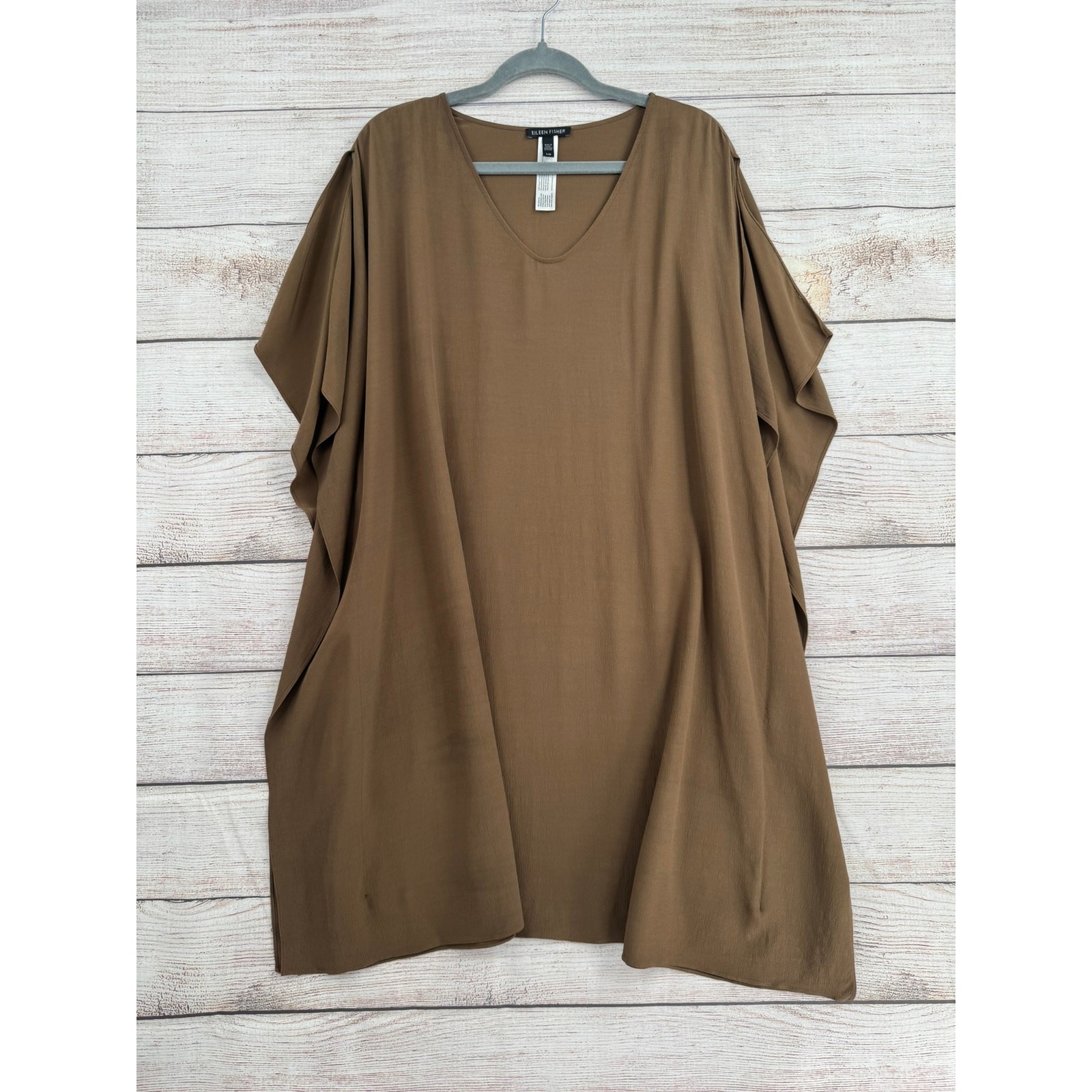 Eileen Fisher Boxy Tencel Viscose Shift Mini Dress Womens Large Brown Drapey