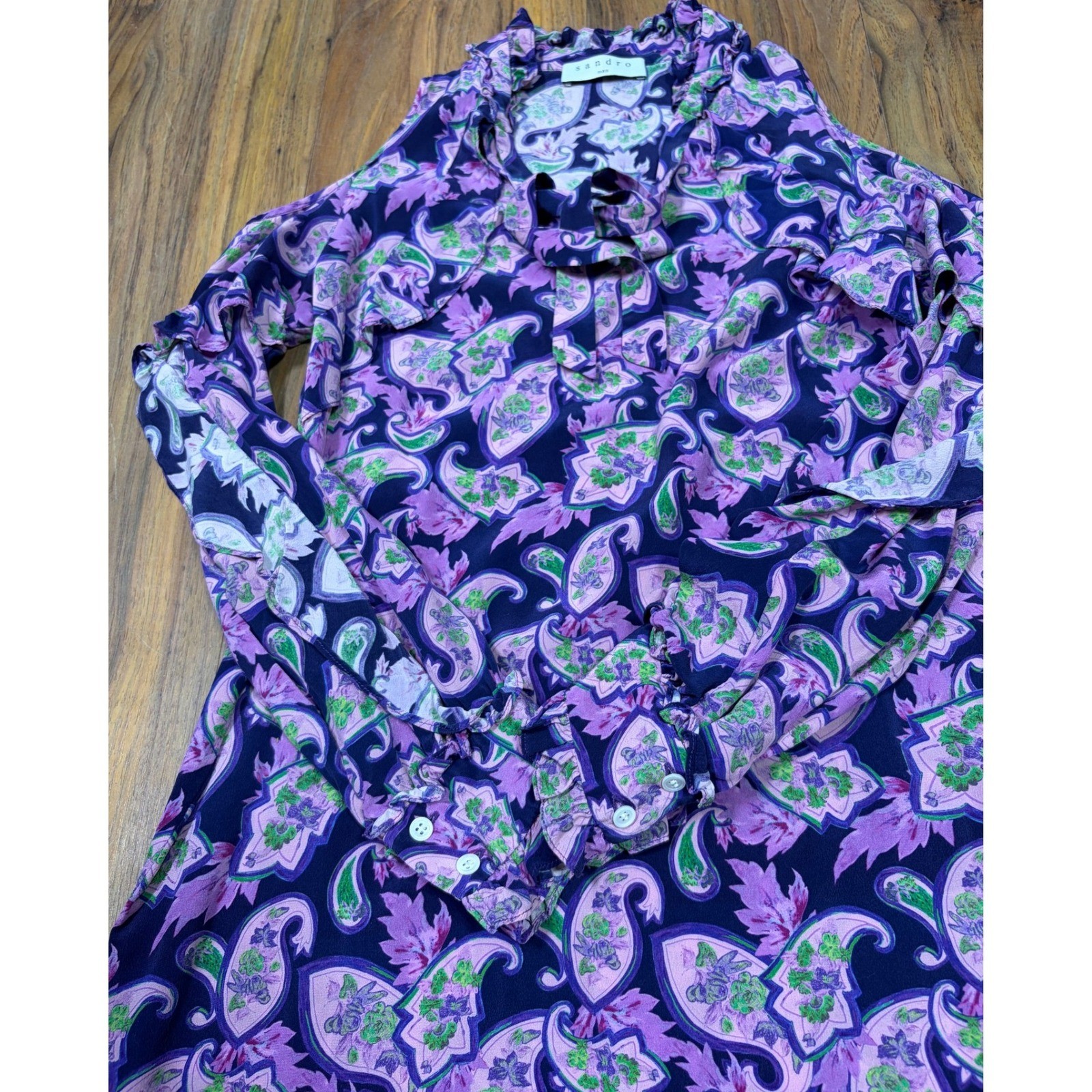 Sandro Silk Paisley Cold Shoulder Mini Dress Purple Green Ruffle Boho Shift