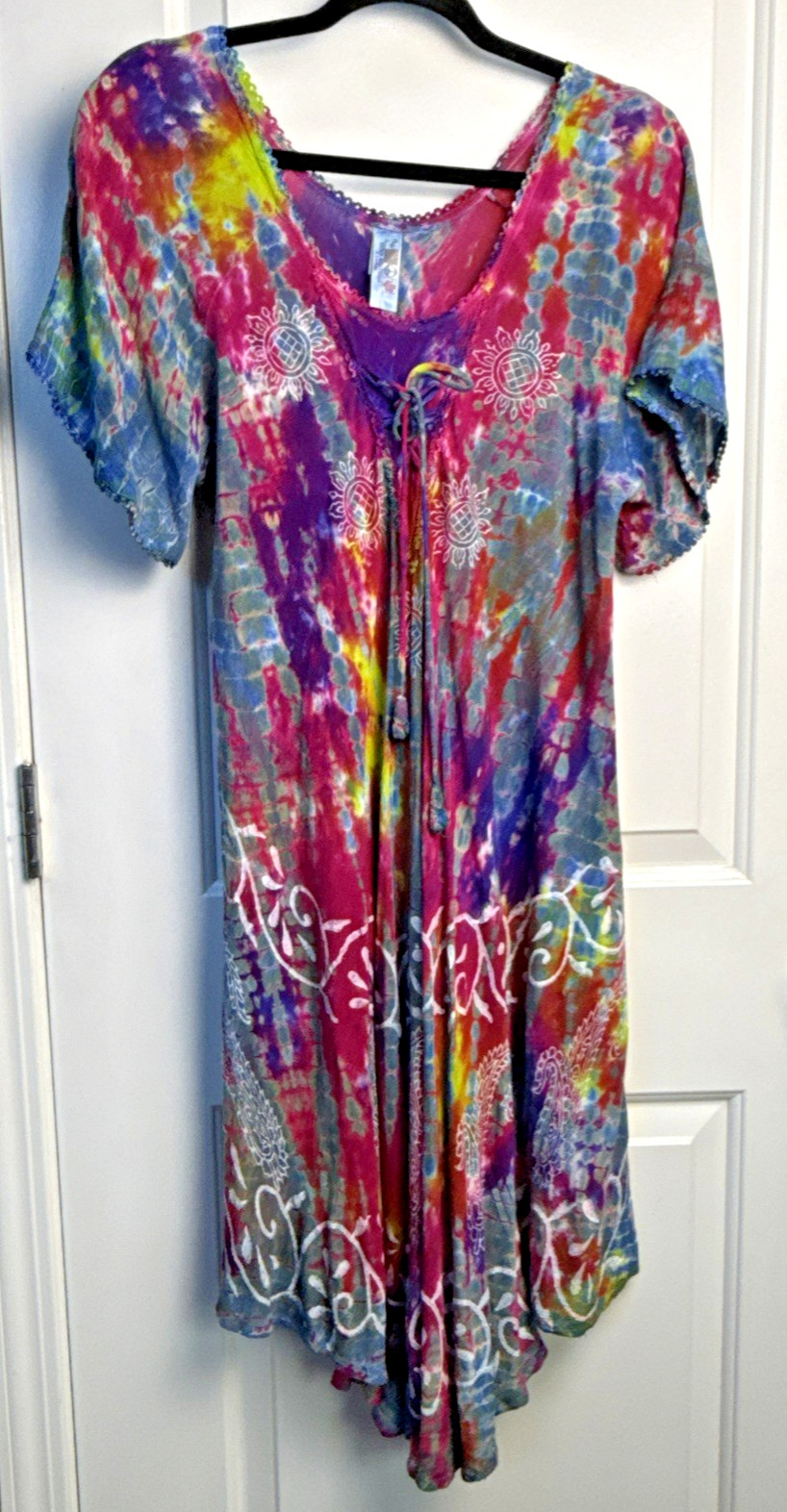 India Boutique Womens Dress Boho Flowy Coverup OS Tie‑Dye Paint Floral Lace Trim
