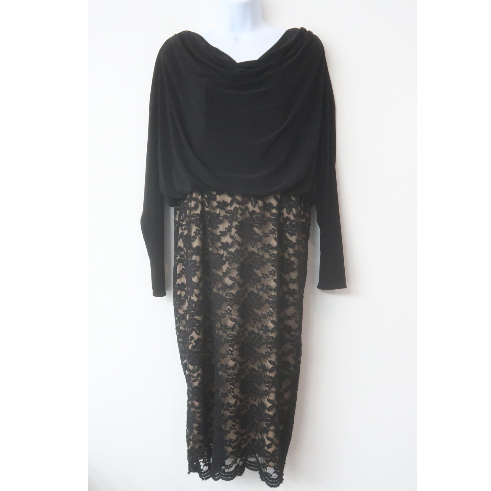 Coldwater Creek Lace Midi Dress 15 Non Wrinkle Dressy Event Guest Black Cowl