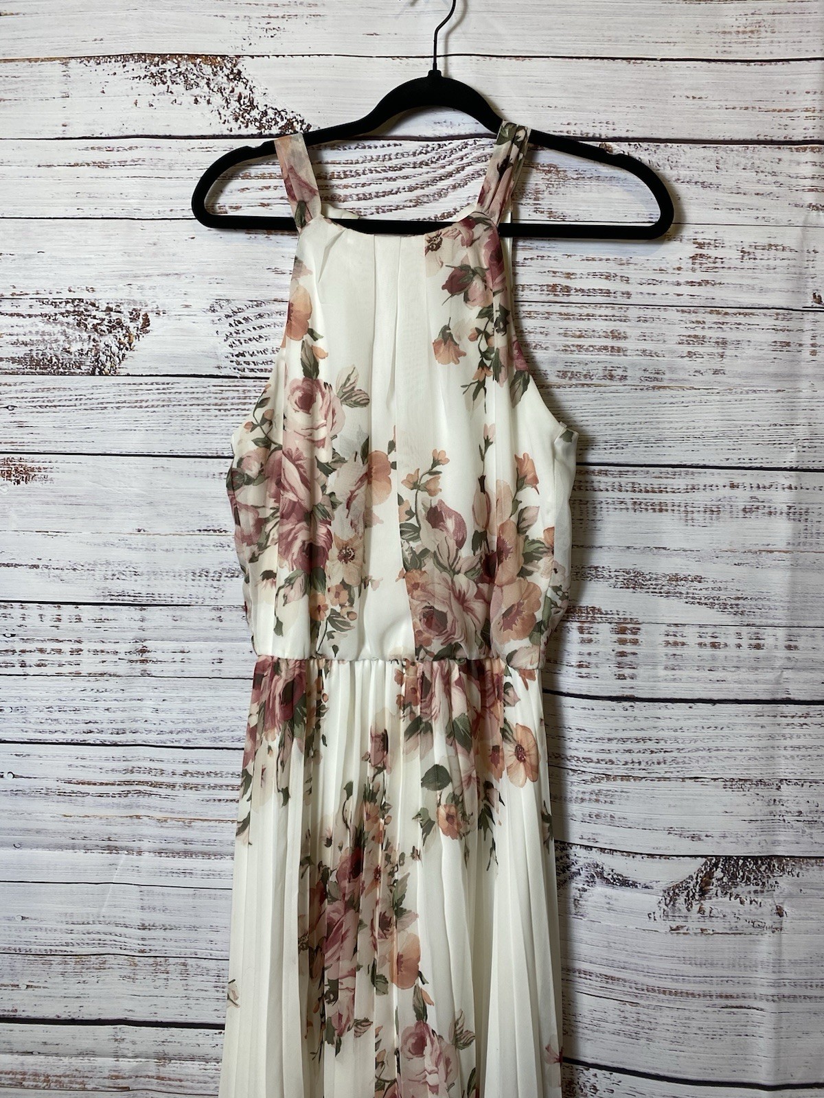 Premier Amour Size 2 Ivory Pink Floral Chiffon Halter Maxi Dress Pleated Bow