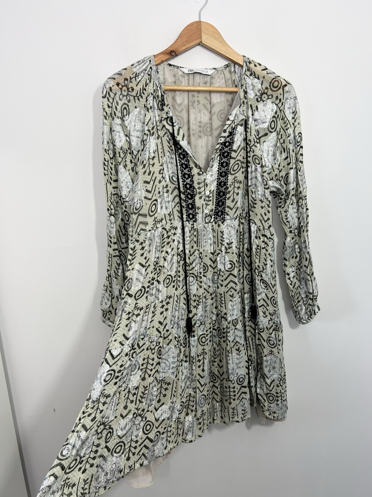 Zara A Line Boho Mini Dress Size XS Relaxed Oversized Fit Green Metallic Silver