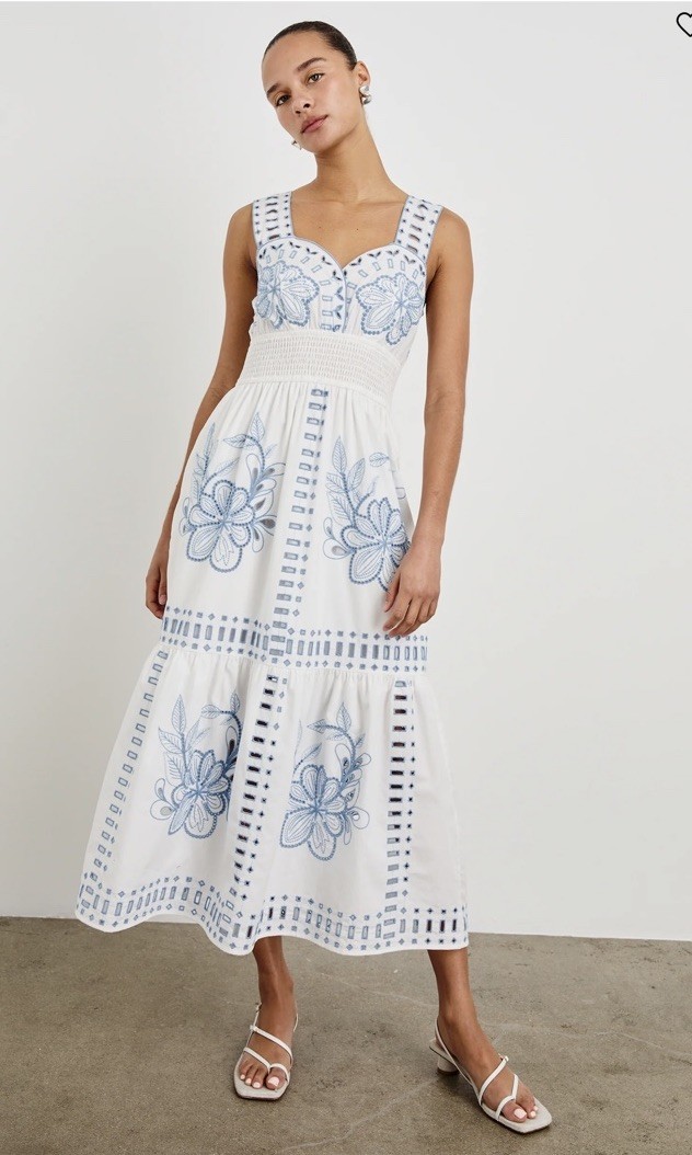 Fawn Rails Midi Dress Size Small White Blue Emb Floral Print