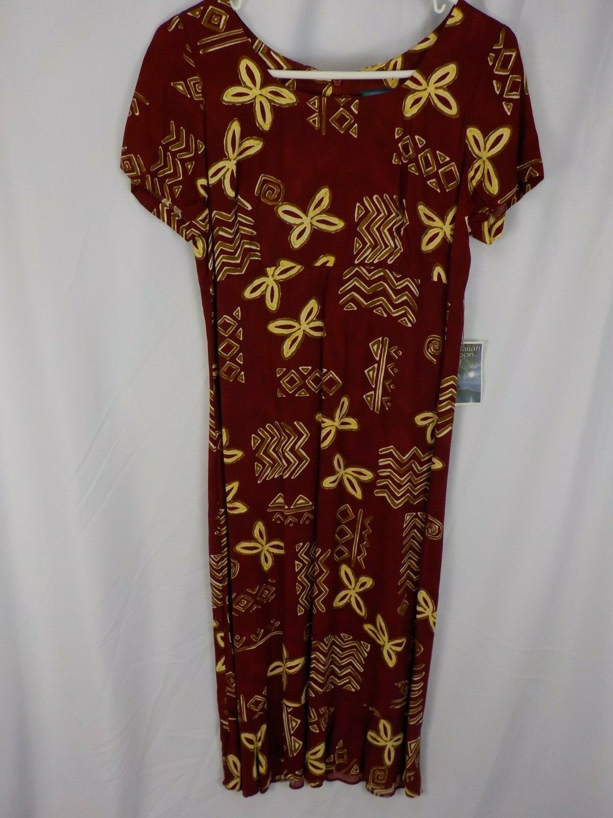 HAWAIIAN MOON MIDI DRESS WOMENS SZ S MAROON SHORT SLEEVE HIEROGLYPHS FLOUNCE NWT