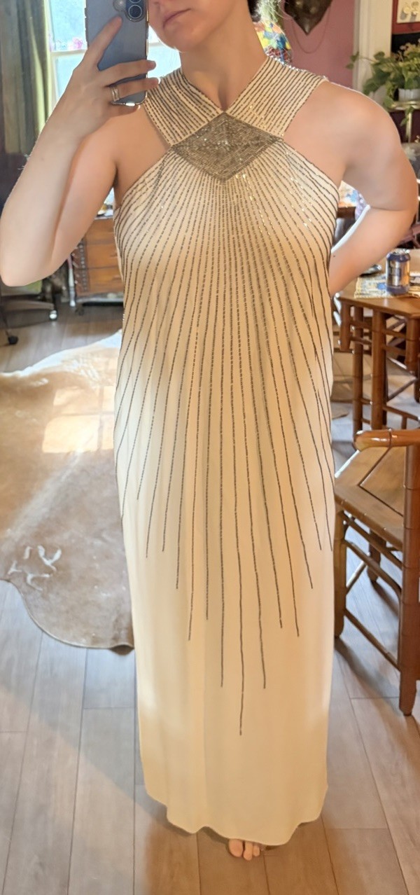 RARE VINTAGE Adele Simpson Egyptian Revival Sequin Cream Maxi Gown. Small.