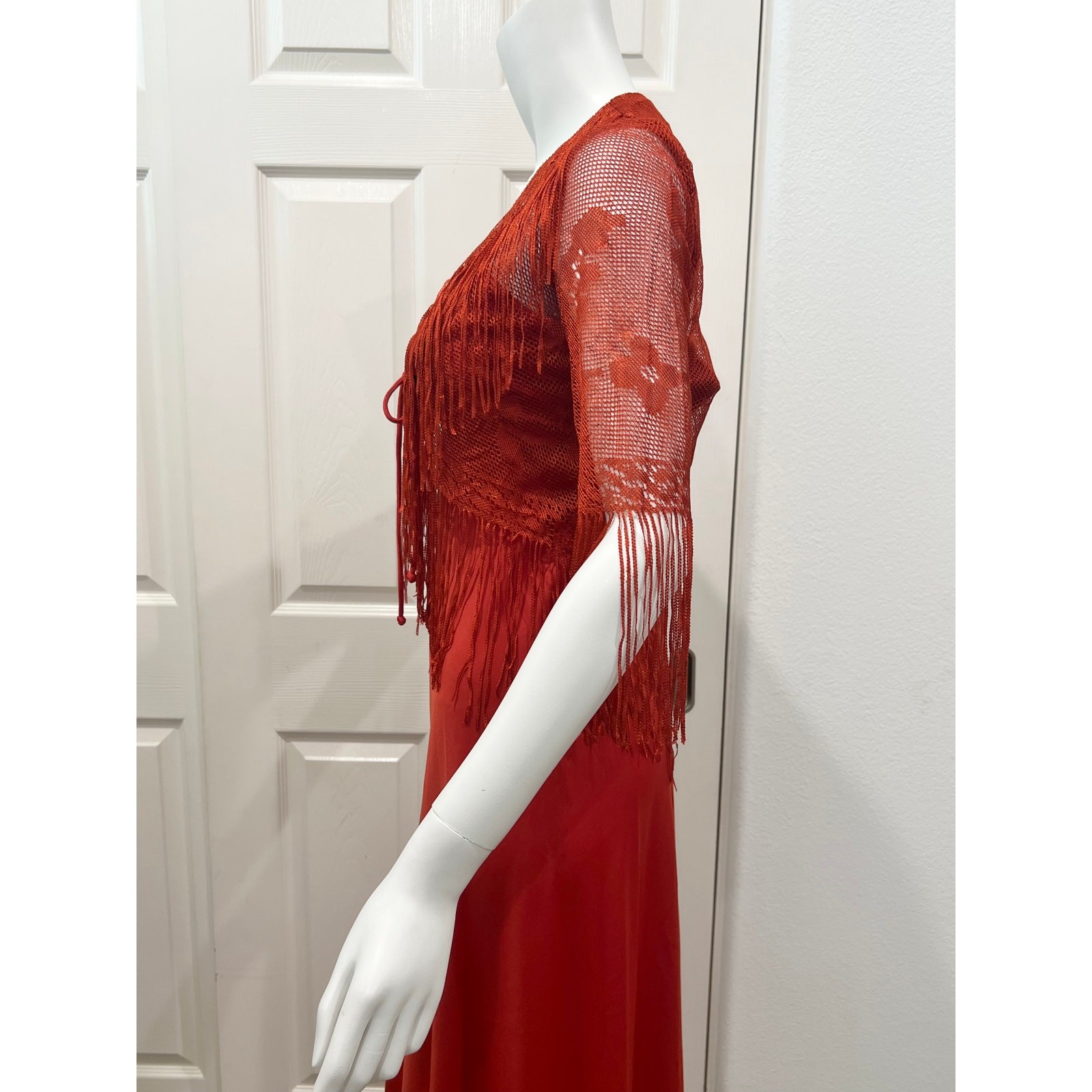 vintage 70s rust disco 1970s fringe dress strappy polyester evening dress Small