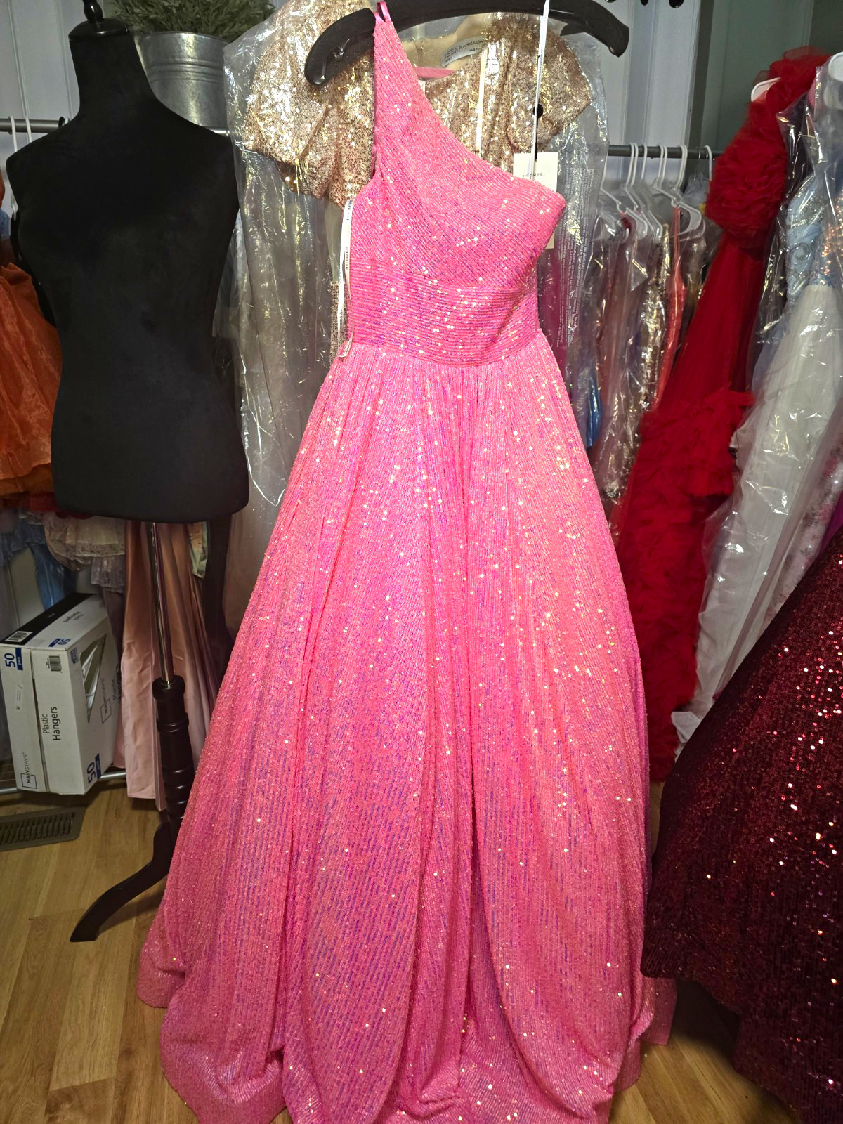 Sherri Hill Pink Sequin Glitter One Shoulder Sleeveless Long Formal Gown Sz 2