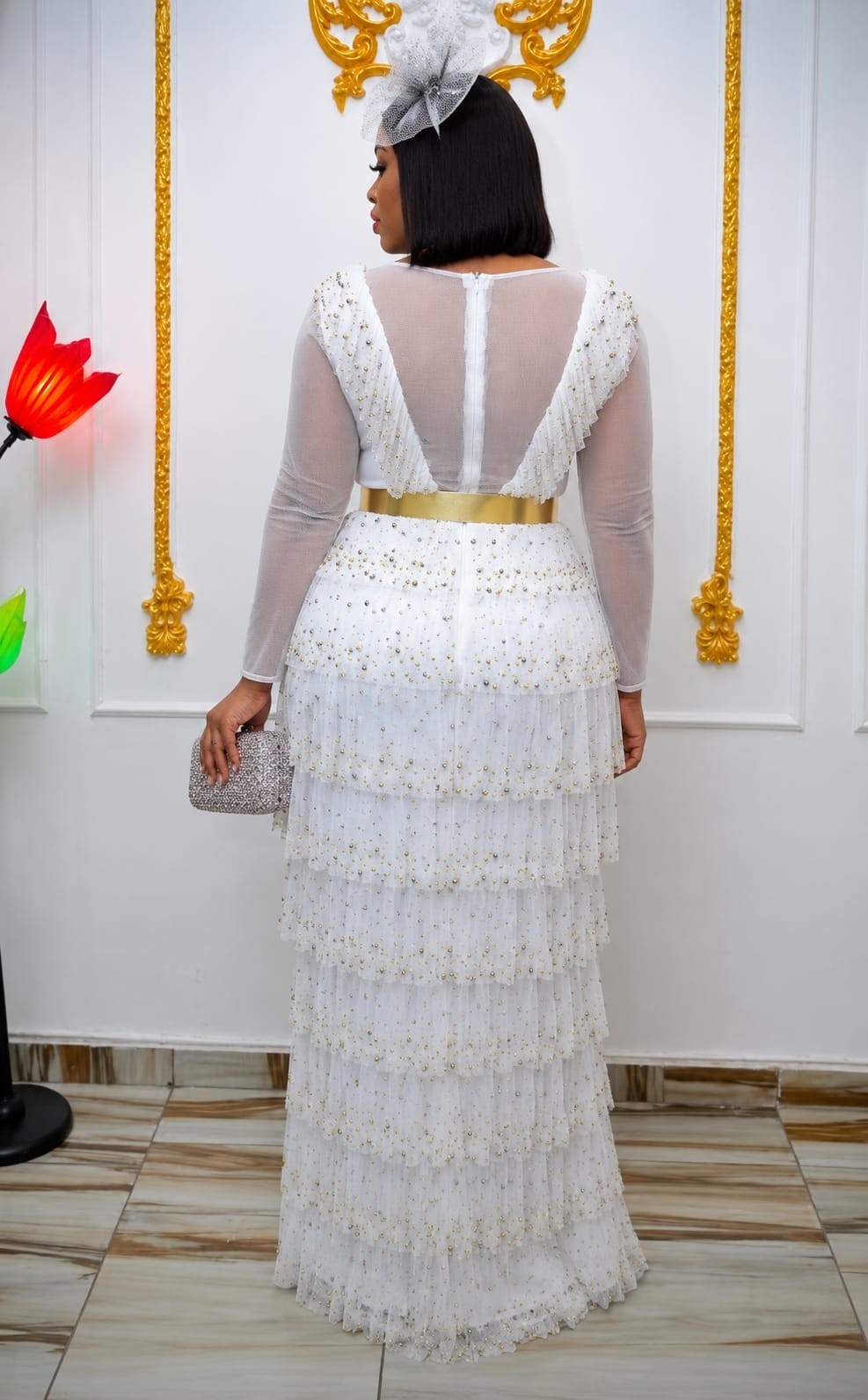 Women’s Turkish White Beaded Mesh Maxi Dress Formal Church Wedding Gown
