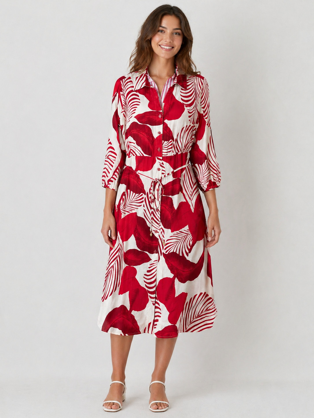 Mlle Gabrielle Womens printed button down front tie 3/4 sleeve collared Dress