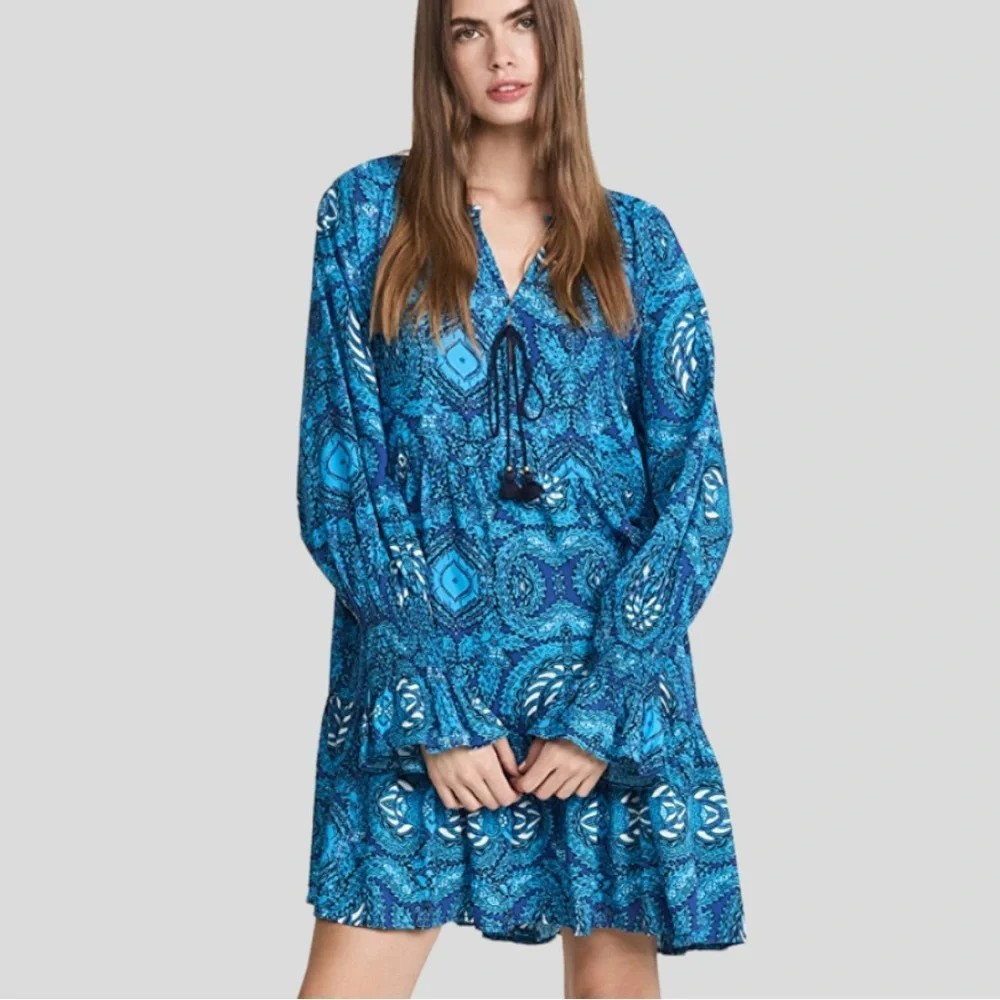 Figue Blue White Batik Print Long Sleeve Flowy Bella Dress, Size Medium