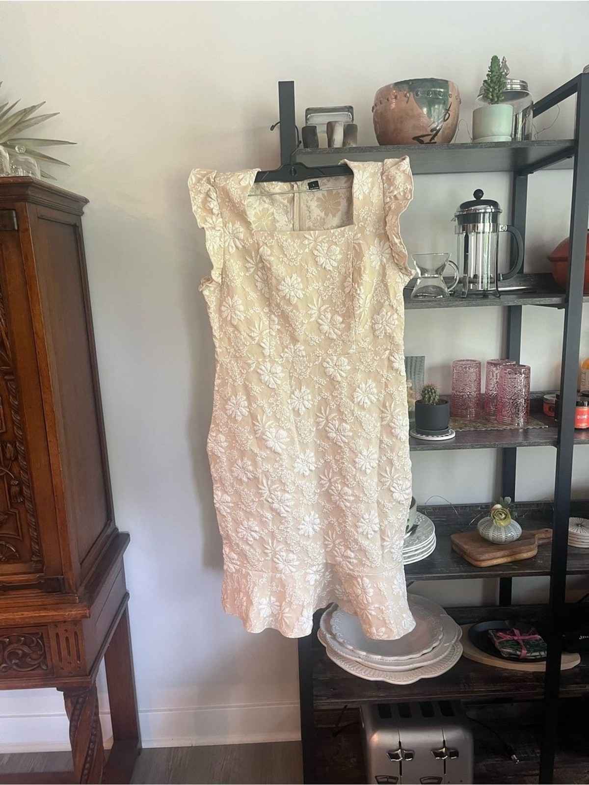 Stretchy Textured Fitted Square Neck Elegant Cream Floral Lace Mini Midi Dress L