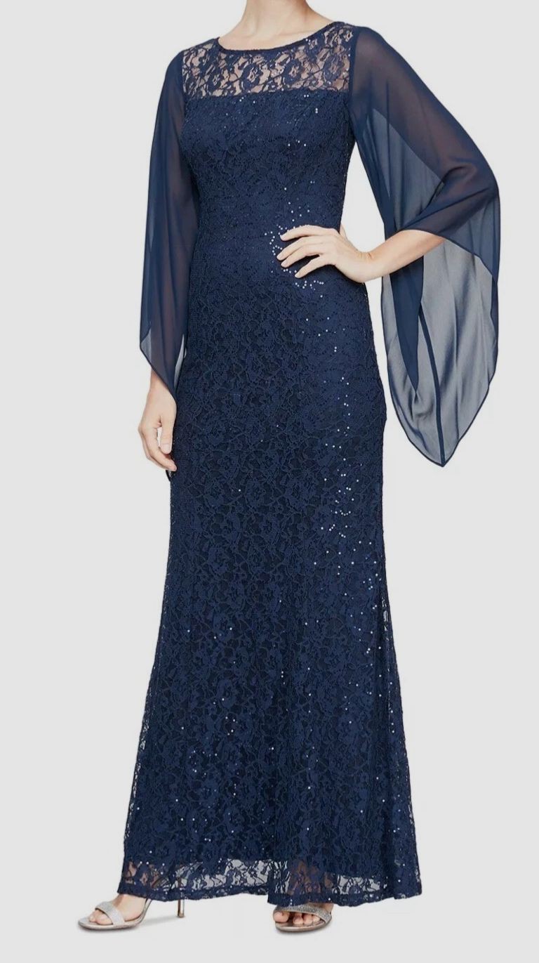 SLNY Women’s Blue Embellished Illusion Lace Gown Dress Plus Size 22W