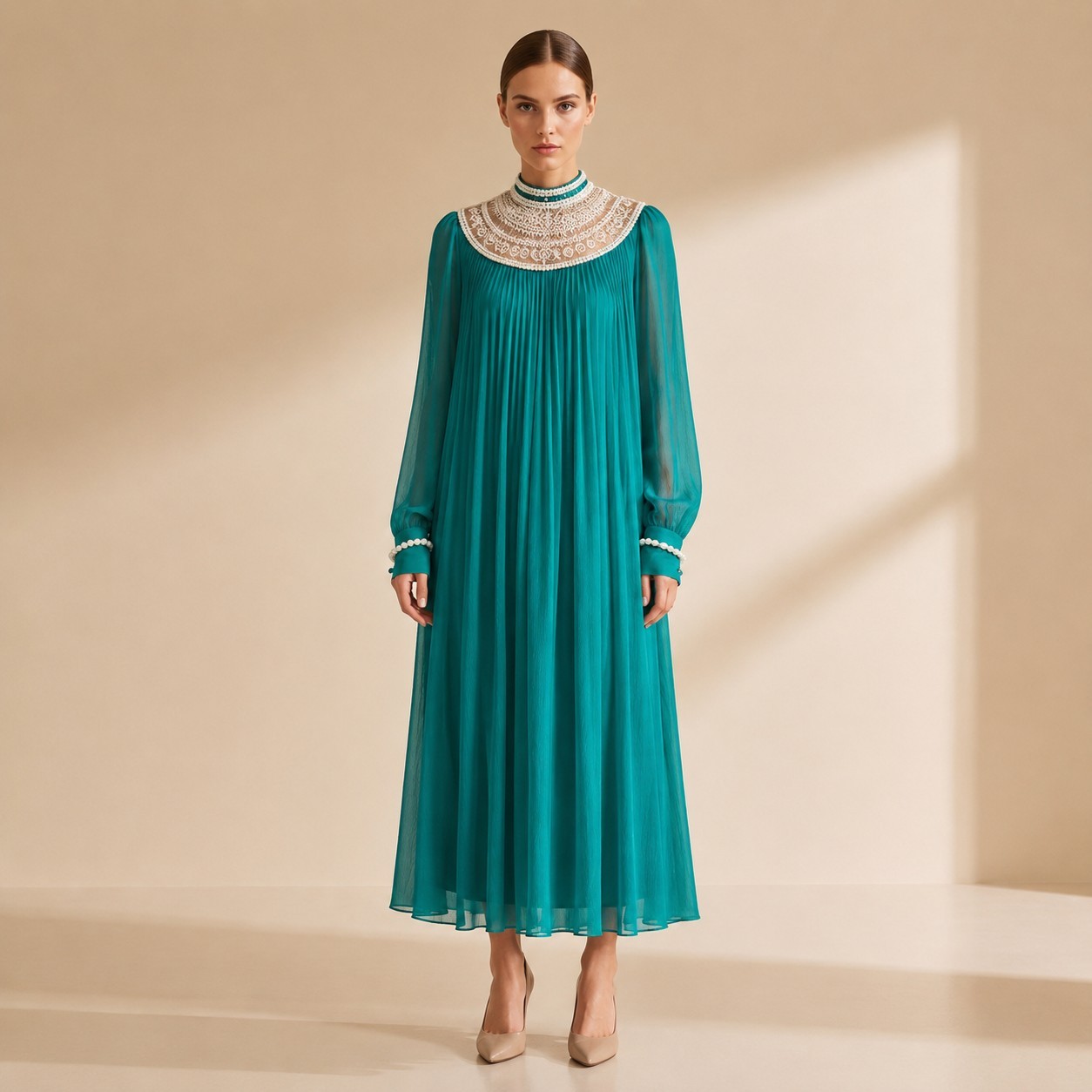 Handmade Green Dress Muslin Beaded Modest Maxi Lace Embellished Sheer Sz Medium